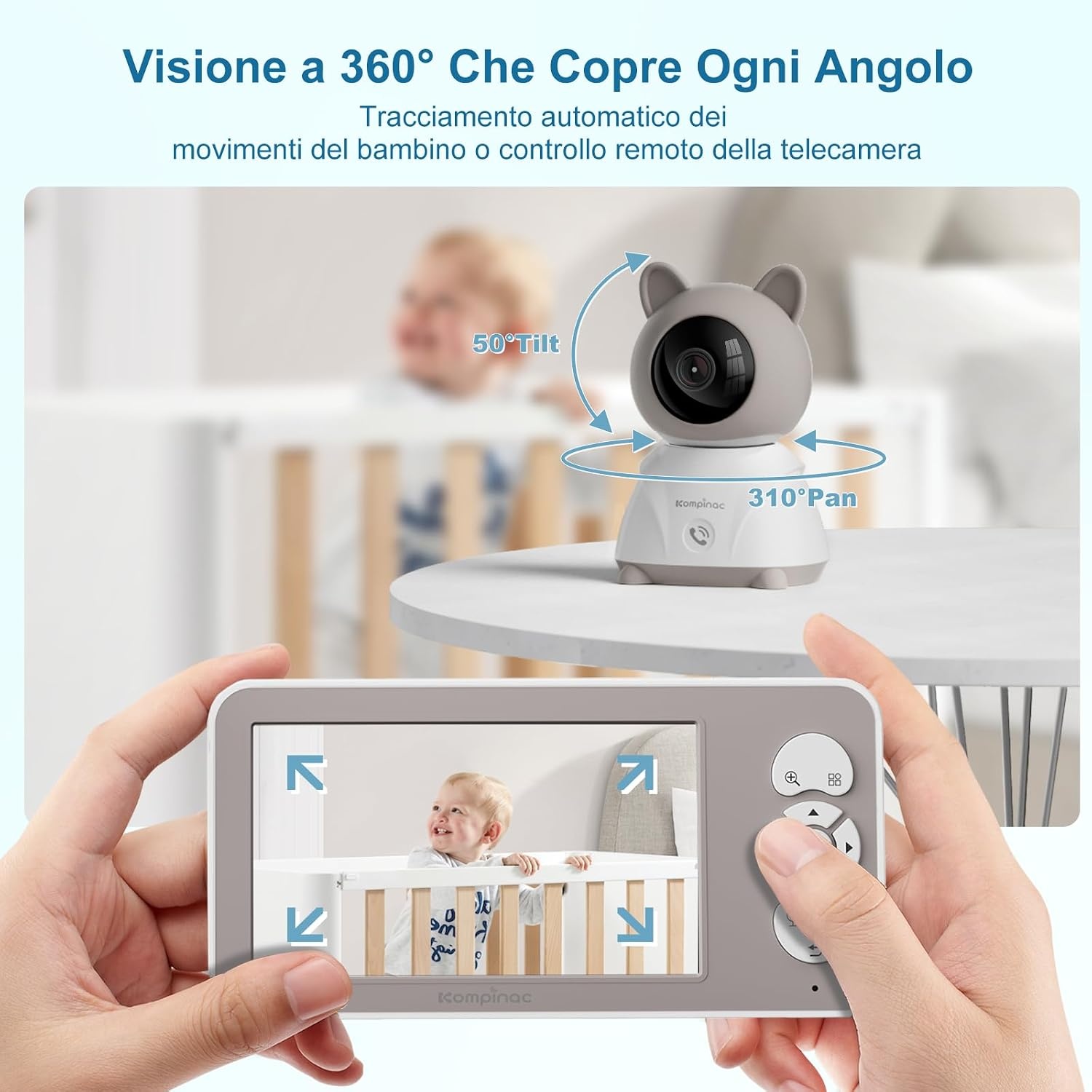 12,7 cm (5 inch) 2 K/3 MP babycamera, 360° PTZ babyfoon met camera en dual displayvoorbeeld, bidirectionele communicatie, HD-nachtzicht, alarmsignalen bij wagen en beweging