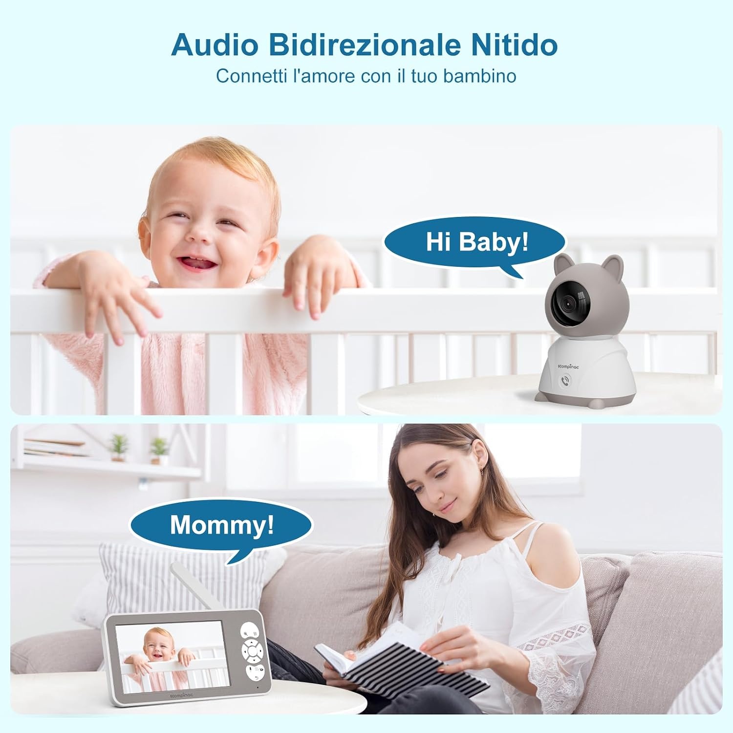 12,7 cm (5 inch) 2 K/3 MP babycamera, 360° PTZ babyfoon met camera en dual displayvoorbeeld, bidirectionele communicatie, HD-nachtzicht, alarmsignalen bij wagen en beweging