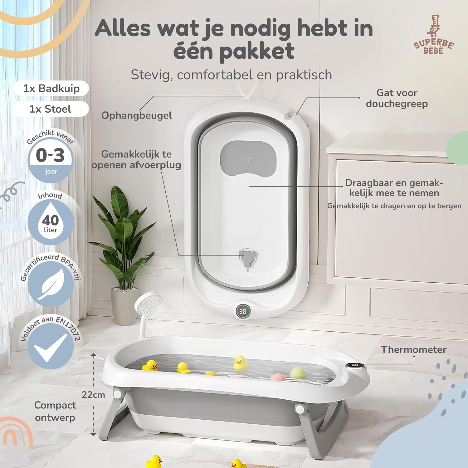 Opvouwbaar babybad met badstoel en geïntegreerde thermometer, kinderbad met 5 ballen en gratis badzitje, ideaal als geboortecadeau voor meisjes of jongens