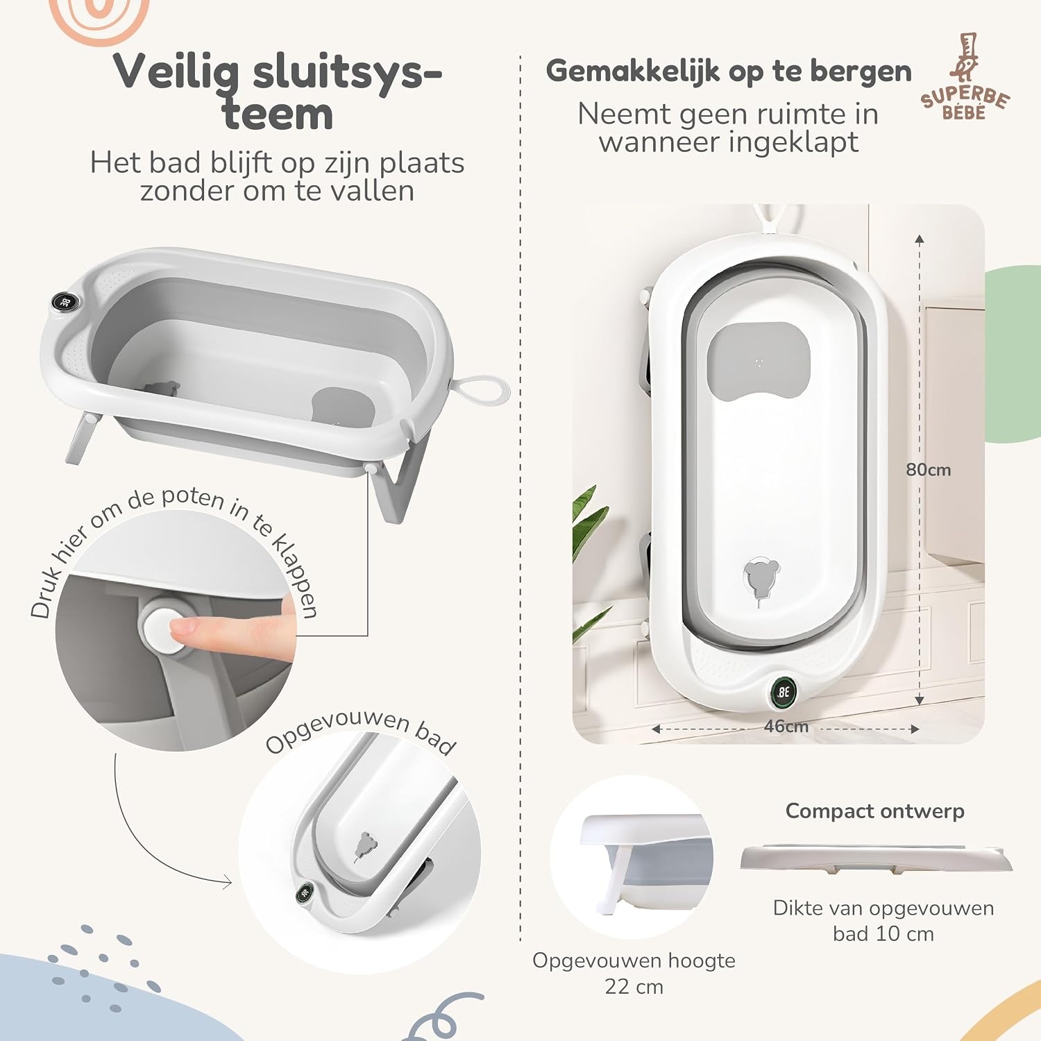 Opvouwbaar babybad met badstoel en geïntegreerde thermometer, kinderbad met 5 ballen en gratis badzitje, ideaal als geboortecadeau voor meisjes of jongens