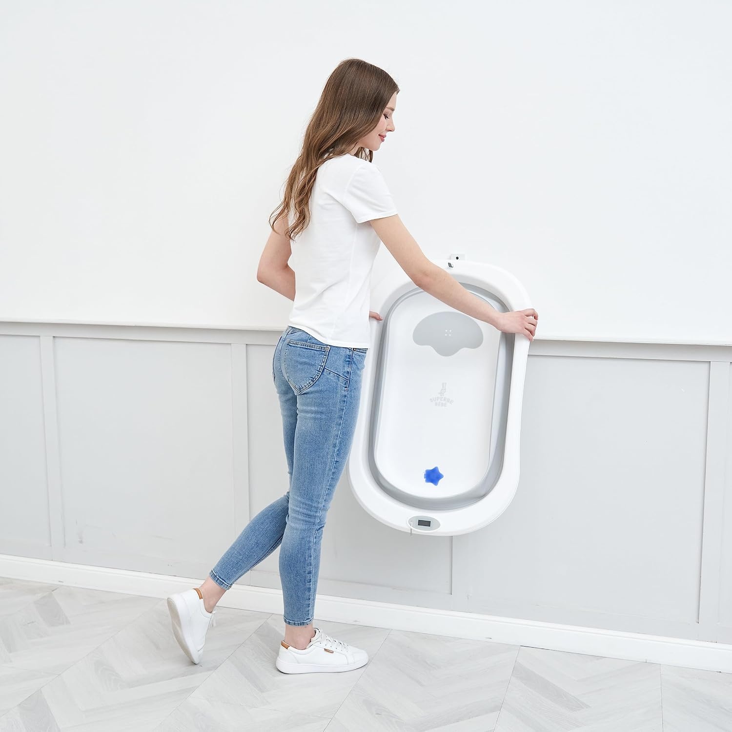 Opvouwbaar babybad met badstoel en geïntegreerde thermometer, kinderbad met 5 ballen en gratis badzitje, ideaal als geboortecadeau voor meisjes of jongens