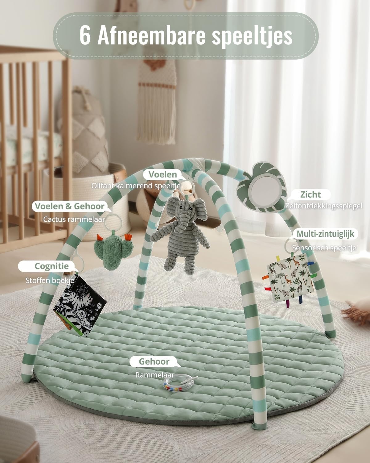 Blissful Diary Baby Play Gym, Baby Activity Mat Met 6 Verwijderbare Speelgoed, Eenvoudig Te Installeren En Reinigen, Essentieel Babypakket Babycadeaus, Saliegroen