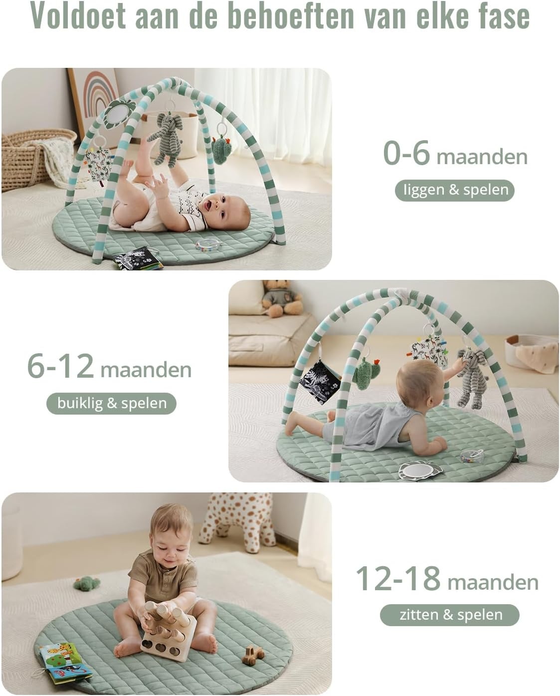 Blissful Diary Baby Play Gym, Baby Activity Mat Met 6 Verwijderbare Speelgoed, Eenvoudig Te Installeren En Reinigen, Essentieel Babypakket Babycadeaus, Saliegroen