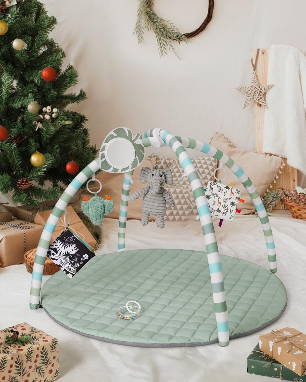 Blissful Diary Baby Play Gym, Baby Activity Mat Met 6 Verwijderbare Speelgoed, Eenvoudig Te Installeren En Reinigen, Essentieel Babypakket Babycadeaus, Saliegroen