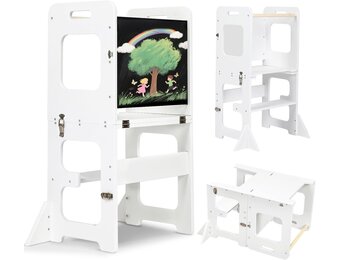 Labebe Montessori Leertoren voor Kinderen - Opvouwbaar Met Bord, Multifunctioneel 3-in-1, Maximale Veiligheid voor Keuken, Tafel, Badkamer (Wit)