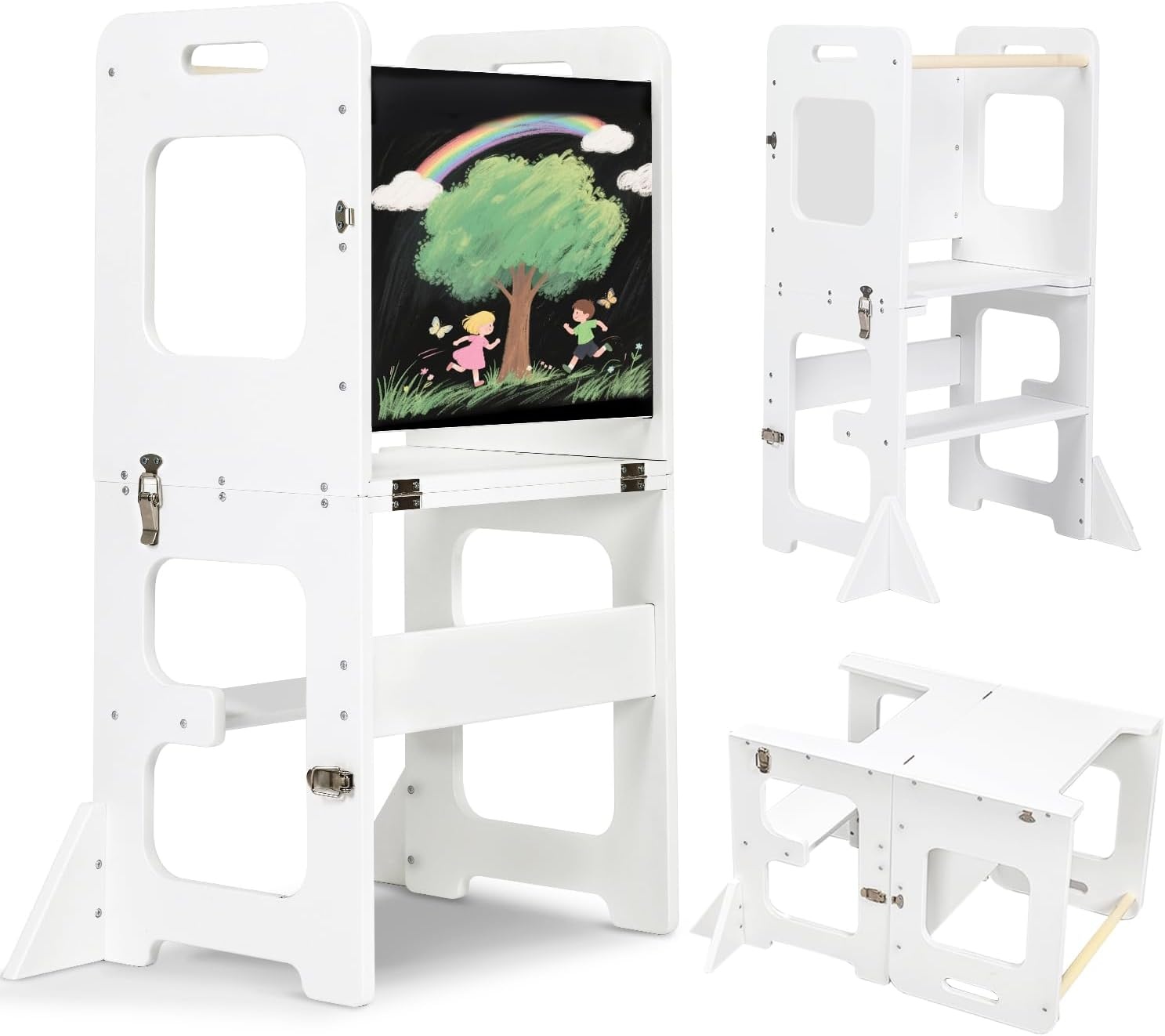 Labebe Montessori Leertoren voor Kinderen - Opvouwbaar Met Bord, Multifunctioneel 3-in-1, Maximale Veiligheid voor Keuken, Tafel, Badkamer (Wit)