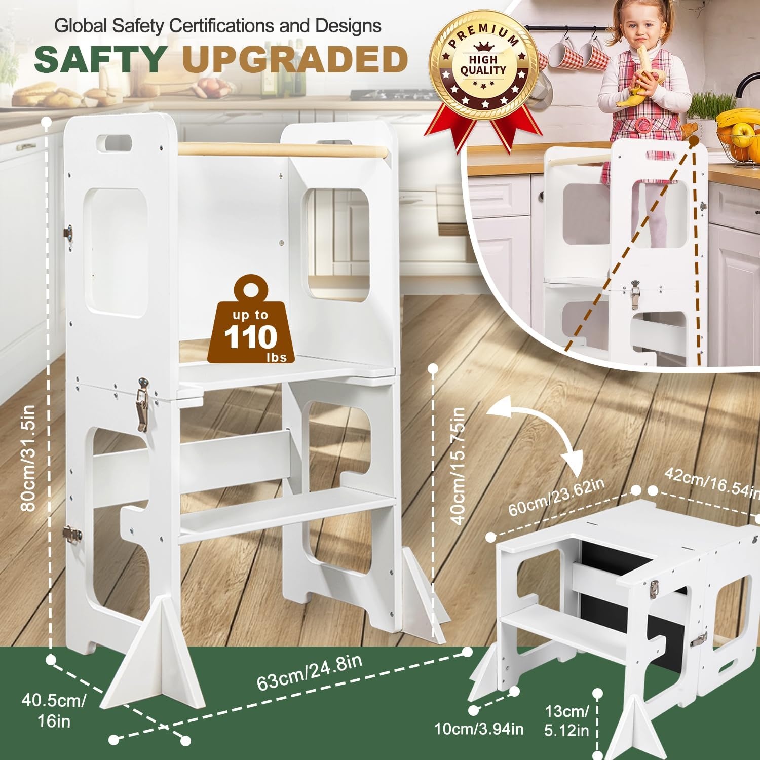 Labebe Montessori Leertoren voor Kinderen - Opvouwbaar Met Bord, Multifunctioneel 3-in-1, Maximale Veiligheid voor Keuken, Tafel, Badkamer (Wit)