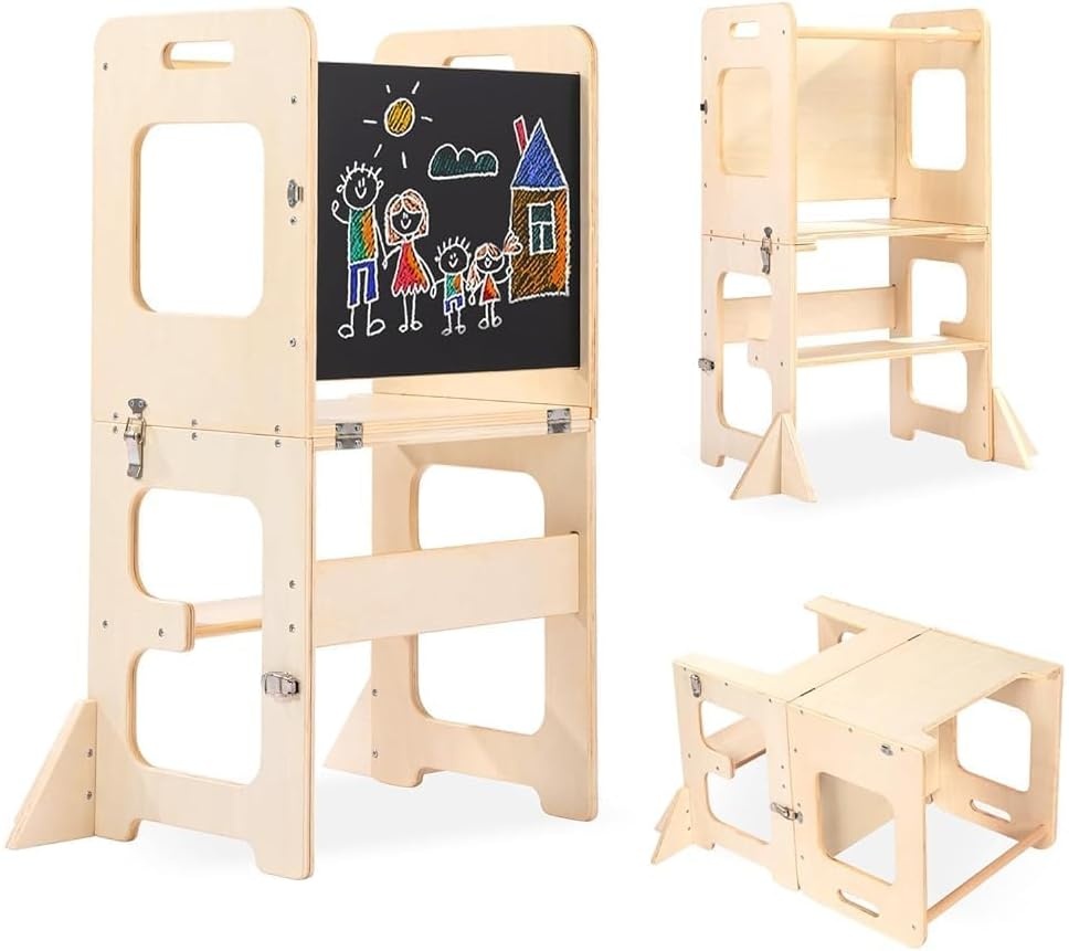 Labebe Montessori Leertoren voor Kinderen - Opvouwbaar Met Bord, Multifunctioneel 3-in-1, Maximale Veiligheid voor Keuken, Tafel, Badkamer (Wit)