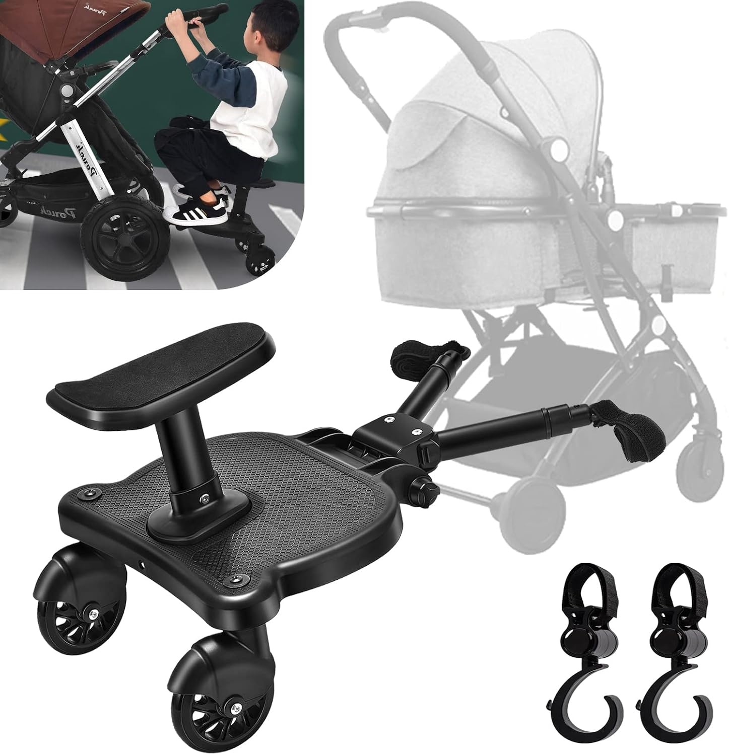 Buggy-board voor alle kinderwagens, Vihir Kiddy Board met zitting, treeplank meerijplank universeel geschikt voor kinderen van 2-6 jaar, met een maximale belasting van 25 kg (zwart)