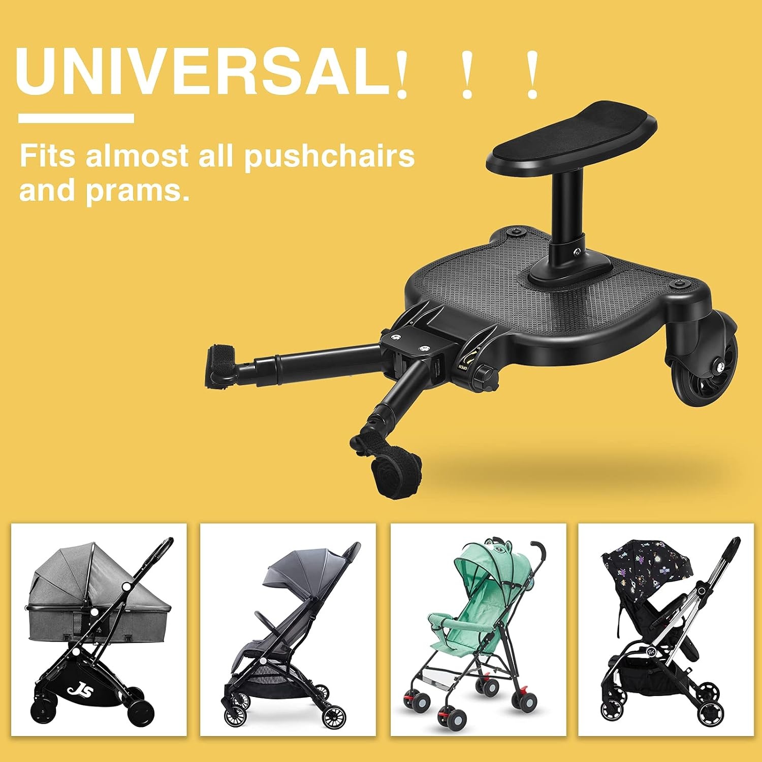 Buggy-board voor alle kinderwagens, Vihir Kiddy Board met zitting, treeplank meerijplank universeel geschikt voor kinderen van 2-6 jaar, met een maximale belasting van 25 kg (zwart)