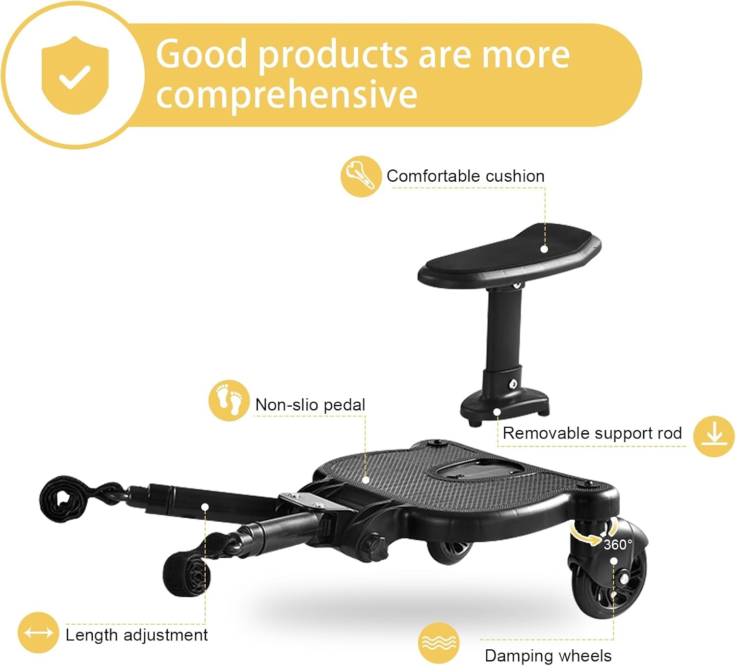 Buggy-board voor alle kinderwagens, Vihir Kiddy Board met zitting, treeplank meerijplank universeel geschikt voor kinderen van 2-6 jaar, met een maximale belasting van 25 kg (zwart)