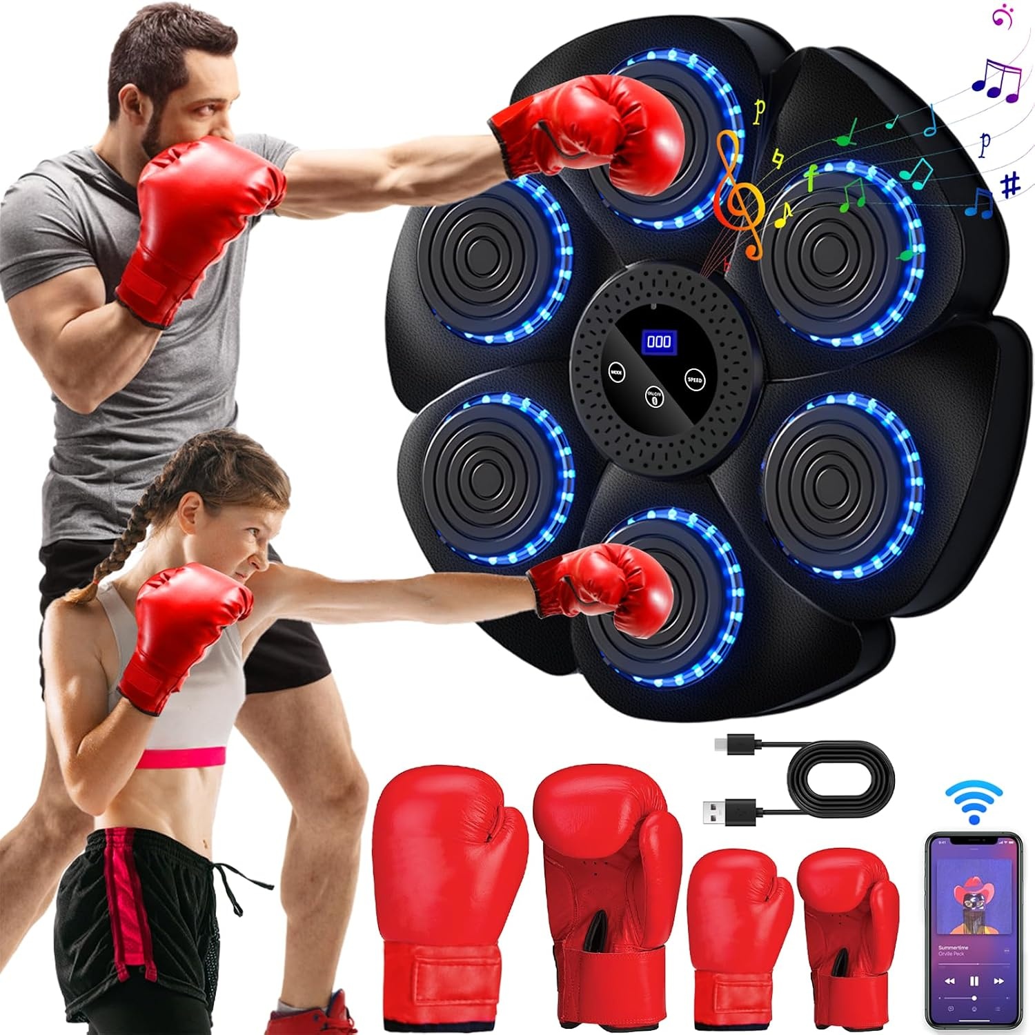 Music Boxing Machine, elektronische led-boksmachine, 9 functies en 18 snelheden en telmodus, bluetooth wandgemonteerde boksdoel met bokshandschoenen voor volwassenen en kinderen