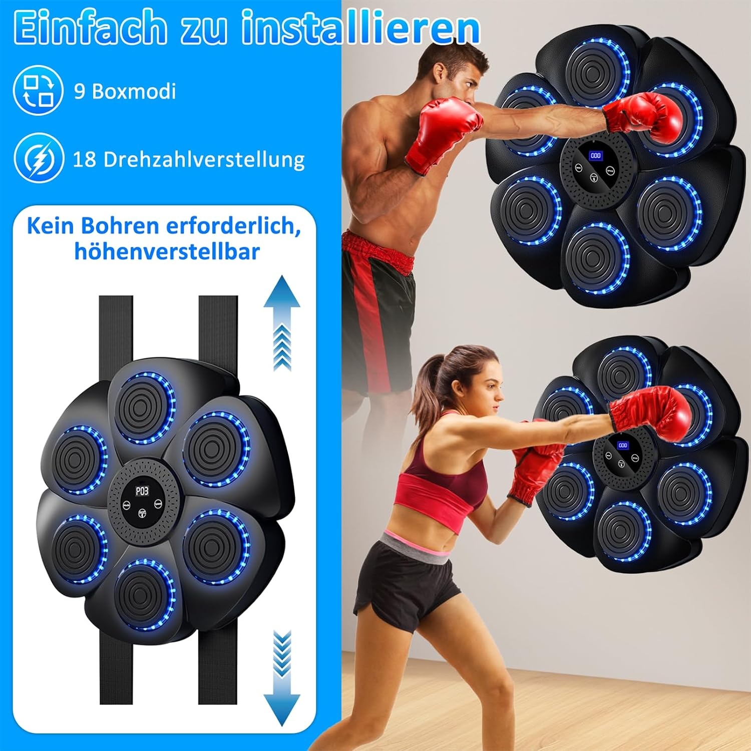 Music Boxing Machine, elektronische led-boksmachine, 9 functies en 18 snelheden en telmodus, bluetooth wandgemonteerde boksdoel met bokshandschoenen voor volwassenen en kinderen