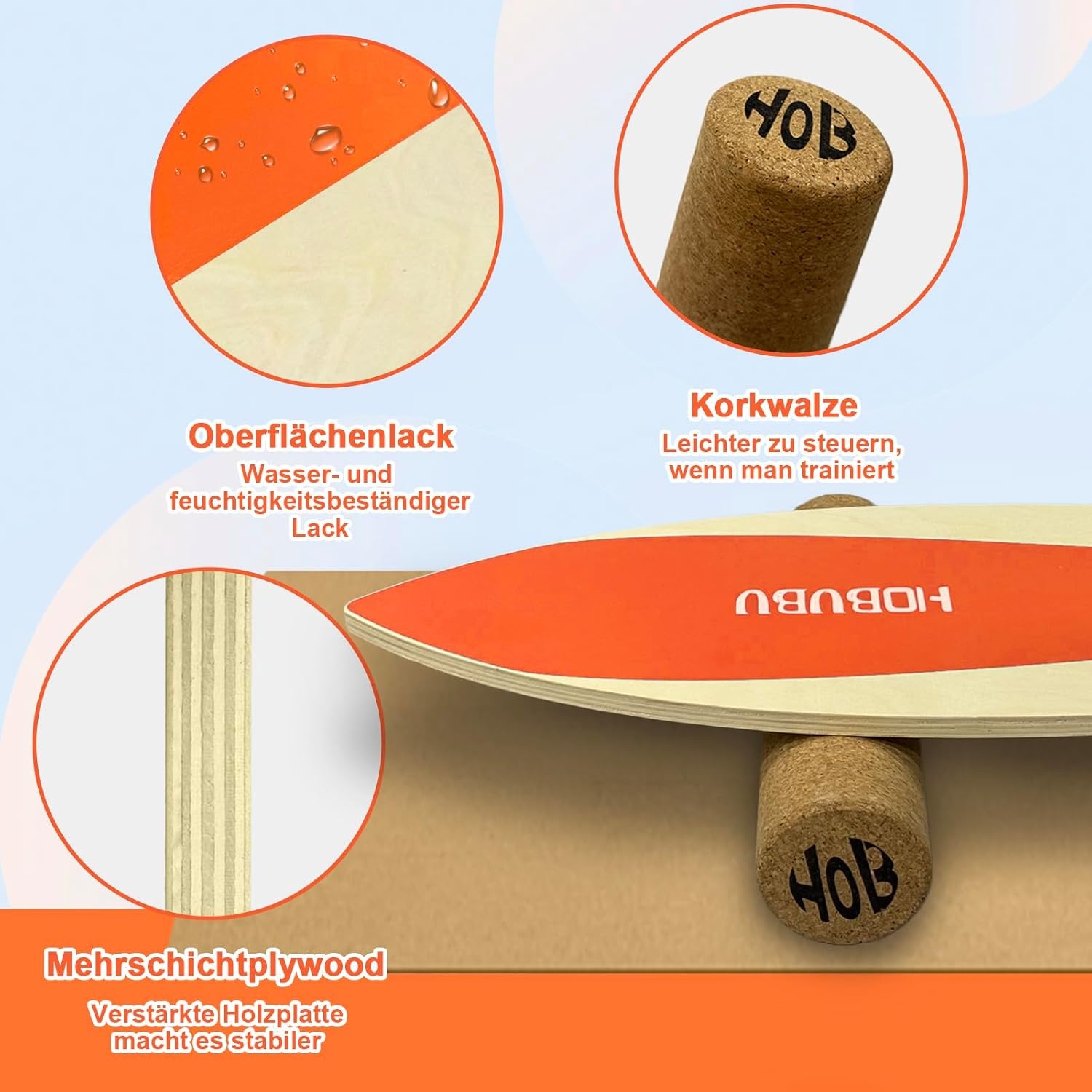 Balansbord met kurkroller voor kernkrachttraining, houten balansbord voor gymnastiek en coördinatietraining, fitness, yoga, geschikt voor volwassenen en jongeren, oranje