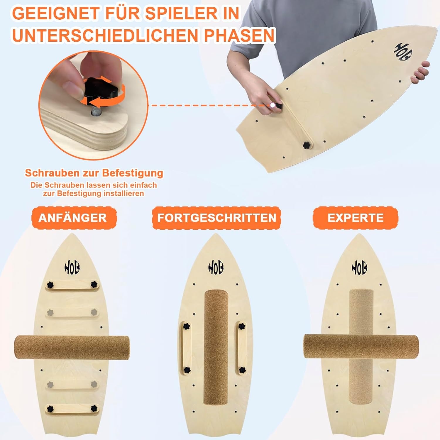Balansbord met kurkroller voor kernkrachttraining, houten balansbord voor gymnastiek en coördinatietraining, fitness, yoga, geschikt voor volwassenen en jongeren, oranje