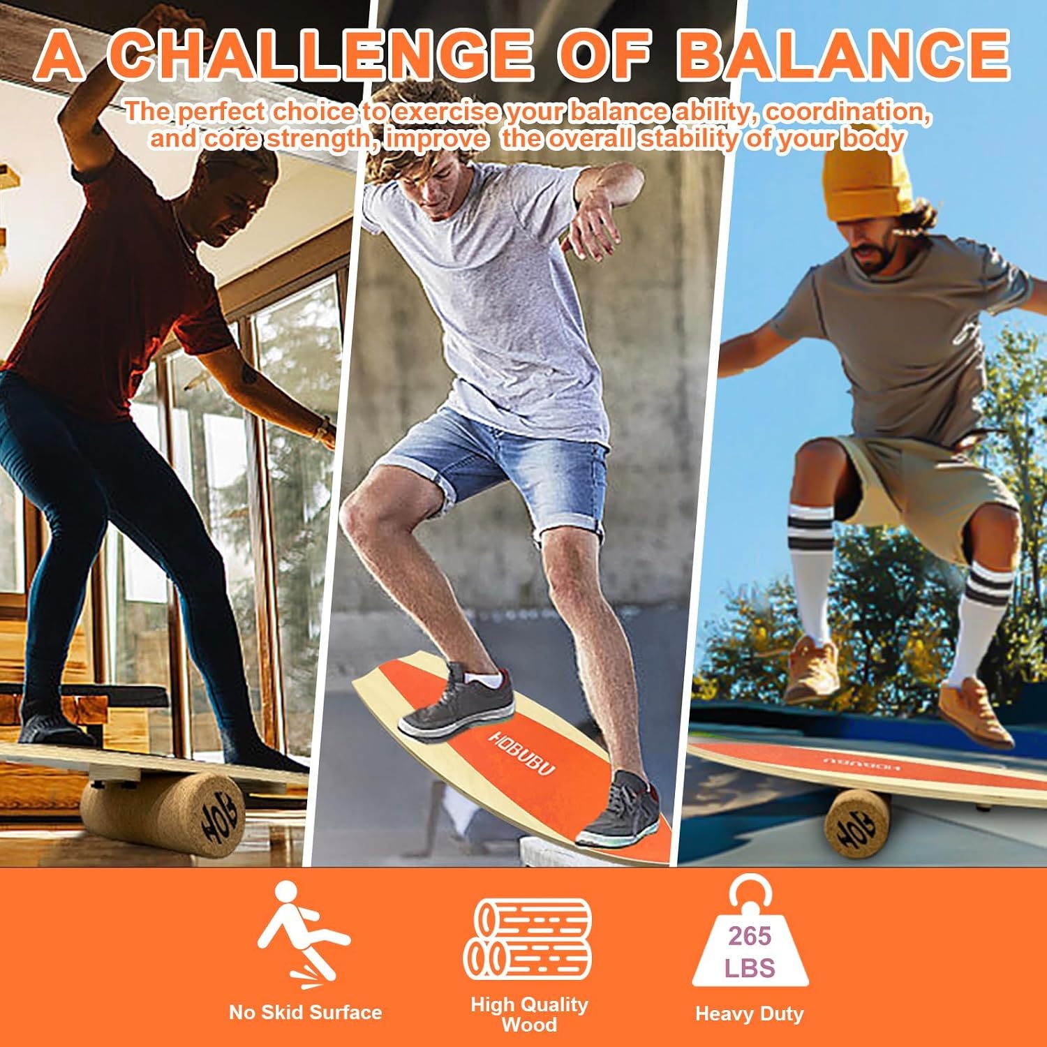 Balansbord met kurkroller voor kernkrachttraining, houten balansbord voor gymnastiek en coördinatietraining, fitness, yoga, geschikt voor volwassenen en jongeren, oranje