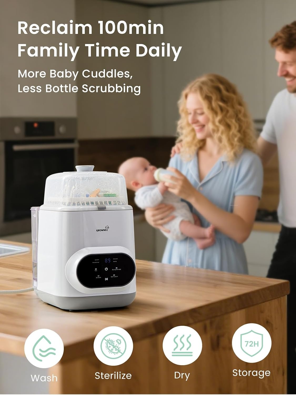 Grownsy EaseClean Premium Automatische Flessenwasser, Reinigen, Steriliseren en Drogen in één Apparaat, voor Babyflessen, Borstkolfonderdelen en Accessoires