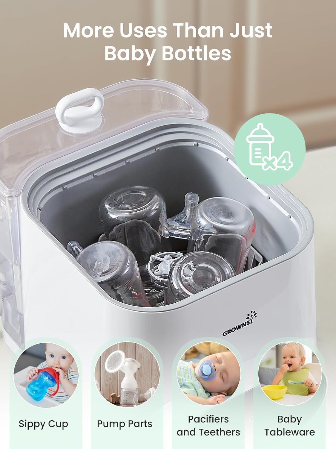 Grownsy EaseClean Premium Automatische Flessenwasser, Reinigen, Steriliseren en Drogen in één Apparaat, voor Babyflessen, Borstkolfonderdelen en Accessoires