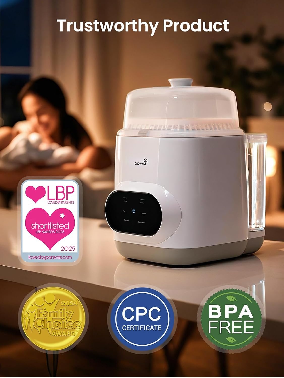 Grownsy EaseClean Premium Automatische Flessenwasser, Reinigen, Steriliseren en Drogen in één Apparaat, voor Babyflessen, Borstkolfonderdelen en Accessoires