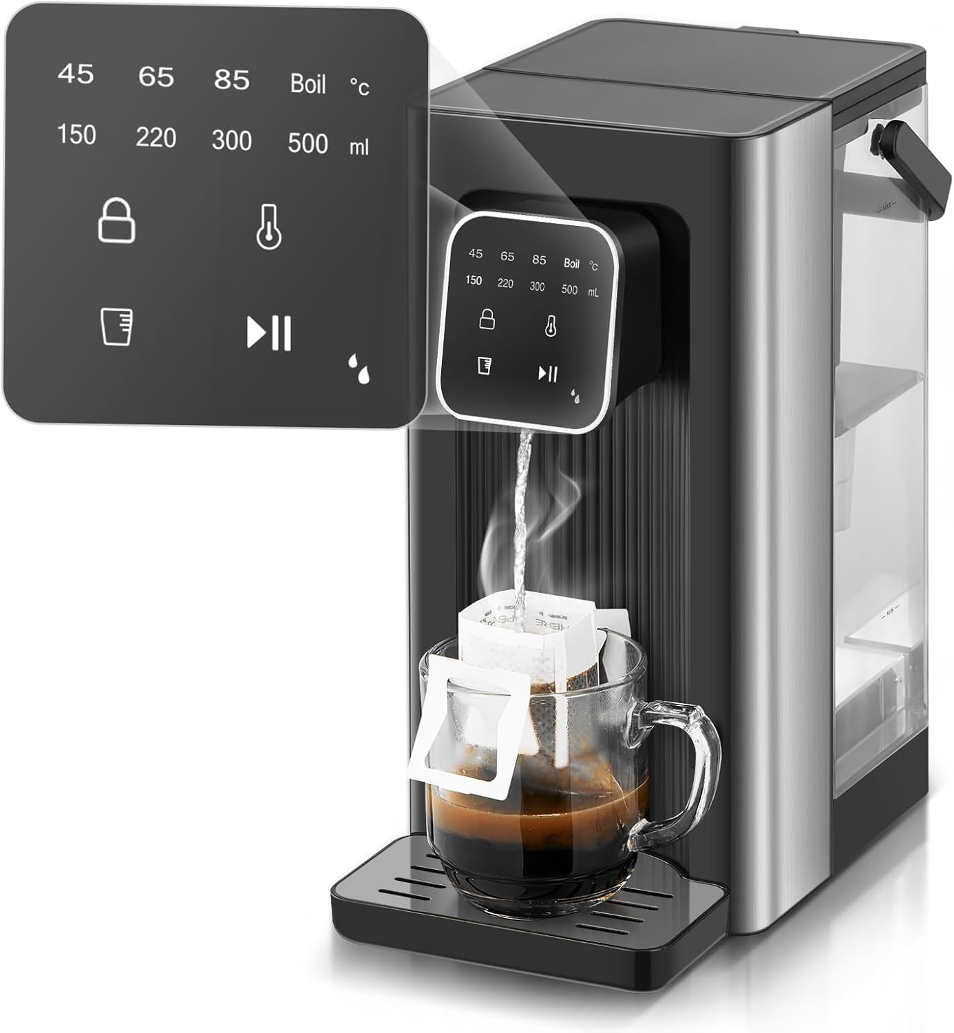 Warmwaterdispenser, 2600 W warm water in seconden, 4 temperatuurniveaus, 4 waterhoeveelheden, 2,5 l tank, compact en energiezuinig, digitaal touchscreen, hittebescherming, kinderbeveiliging, voor
