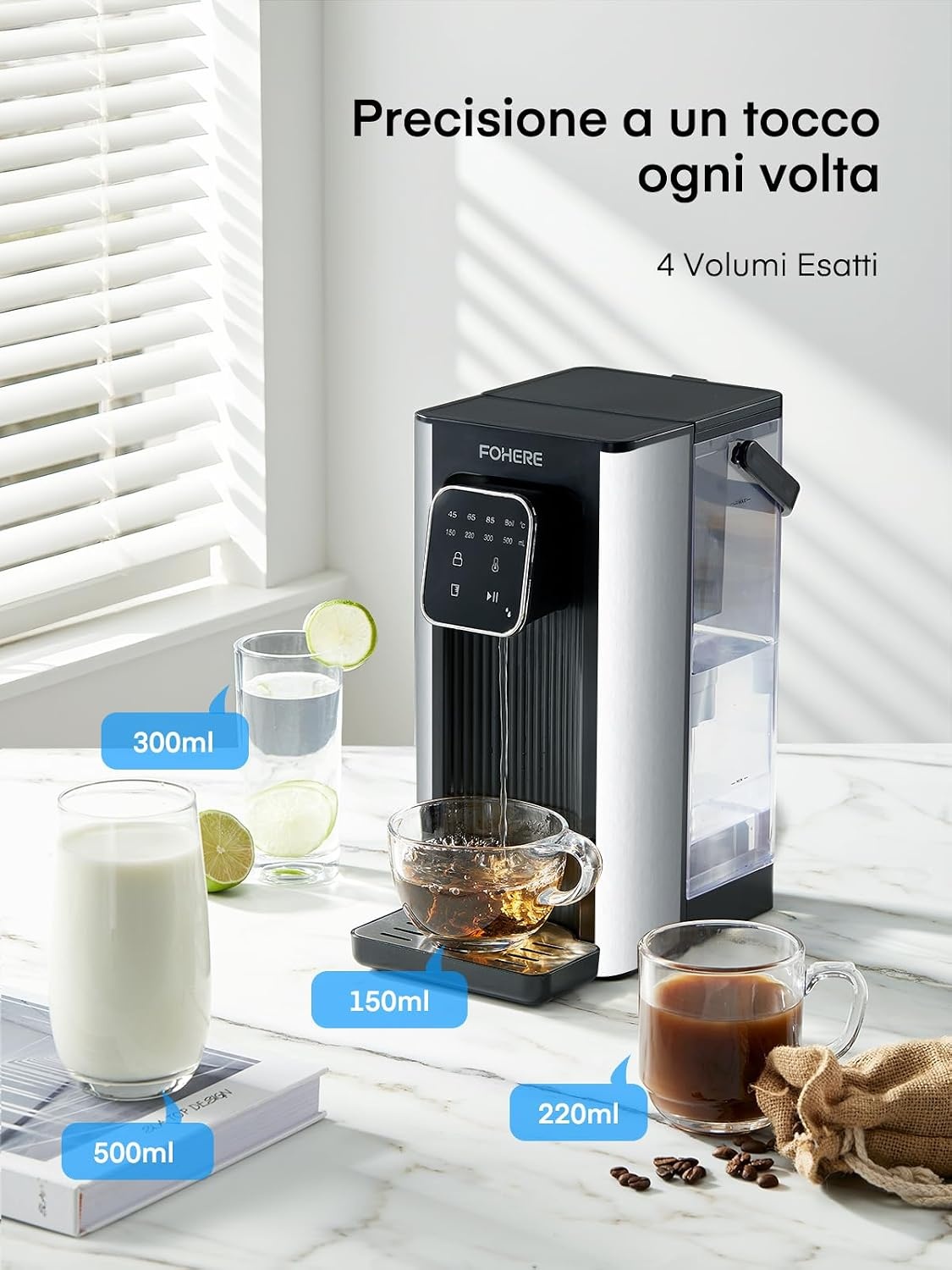 Warmwaterdispenser, 2600 W warm water in seconden, 4 temperatuurniveaus, 4 waterhoeveelheden, 2,5 l tank, compact en energiezuinig, digitaal touchscreen, hittebescherming, kinderbeveiliging, voor