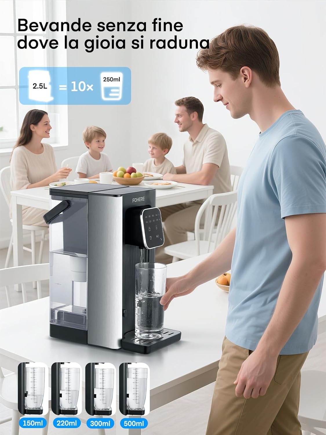 Warmwaterdispenser, 2600 W warm water in seconden, 4 temperatuurniveaus, 4 waterhoeveelheden, 2,5 l tank, compact en energiezuinig, digitaal touchscreen, hittebescherming, kinderbeveiliging, voor