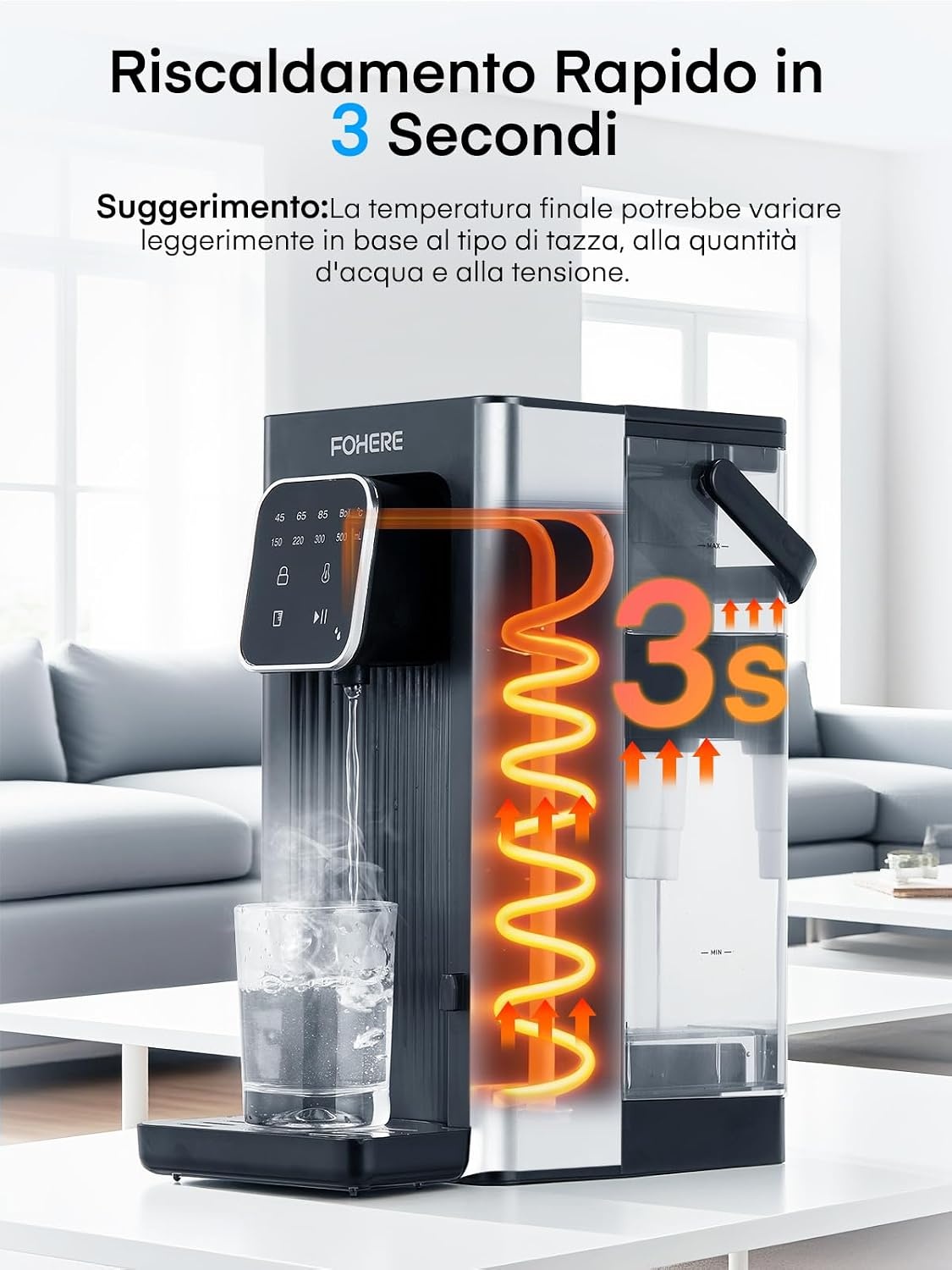 Warmwaterdispenser, 2600 W warm water in seconden, 4 temperatuurniveaus, 4 waterhoeveelheden, 2,5 l tank, compact en energiezuinig, digitaal touchscreen, hittebescherming, kinderbeveiliging, voor