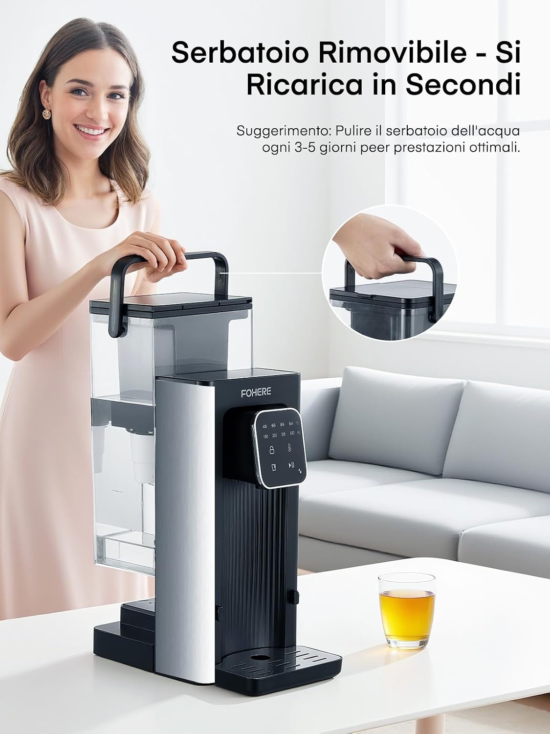 Warmwaterdispenser, 2600 W warm water in seconden, 4 temperatuurniveaus, 4 waterhoeveelheden, 2,5 l tank, compact en energiezuinig, digitaal touchscreen, hittebescherming, kinderbeveiliging, voor