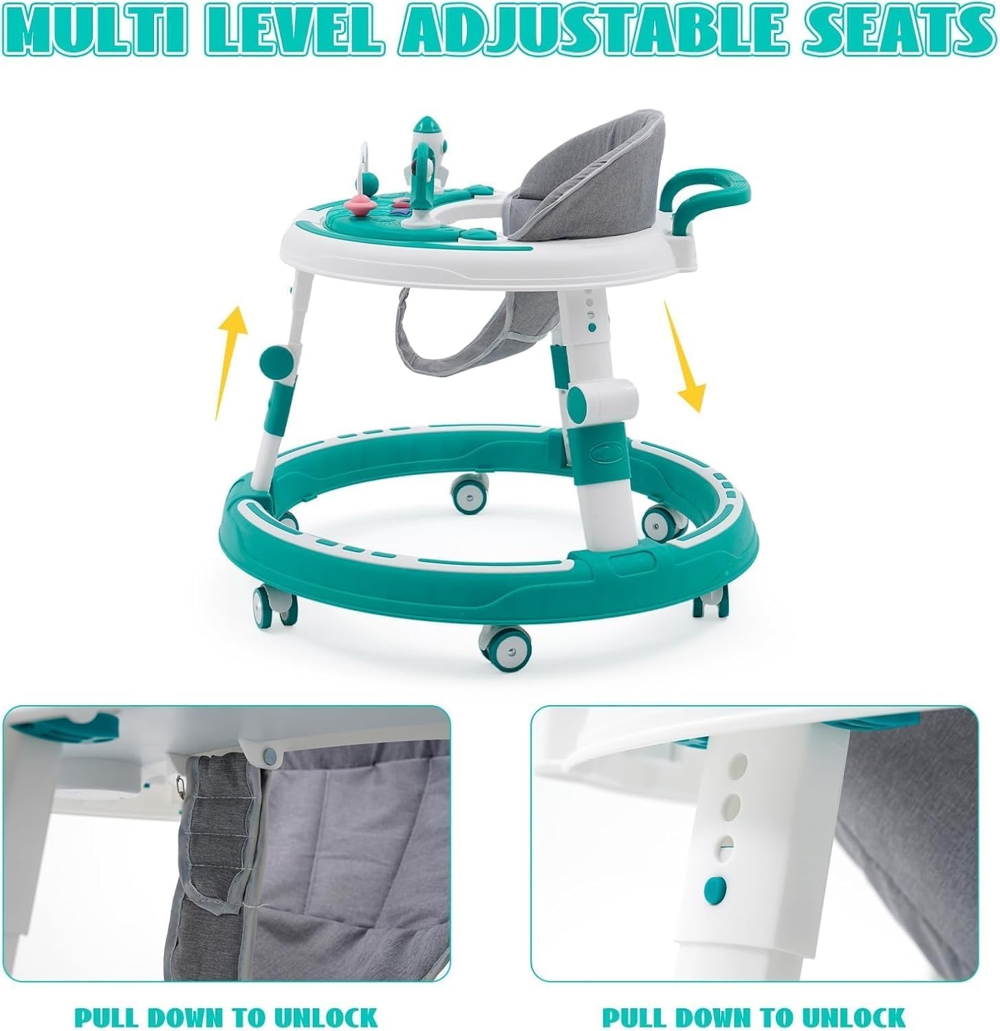 3-in-1 Babyloopwagen met Speelcentrum en Verstelbare Zitting - Turquoise