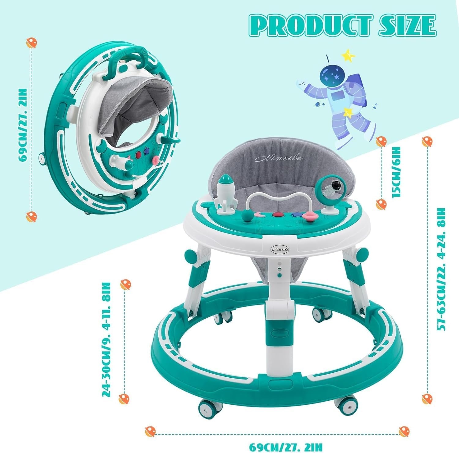 3-in-1 Babyloopwagen met Speelcentrum en Verstelbare Zitting - Turquoise