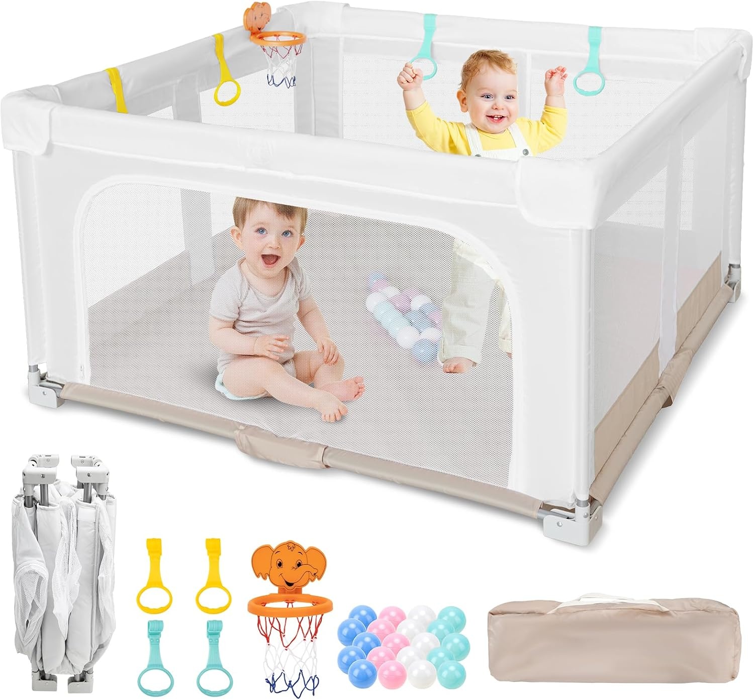 Grote en Opvouwbare Babybox voor Peuters: 127 x 127 x 75 cm Babybox voor Binnen en Buiten met 20 Oceaanballen, 1 Basketbalring, 4 Handgrepen en 1 Reistas - Ideale Speelruimte voor Kinderen