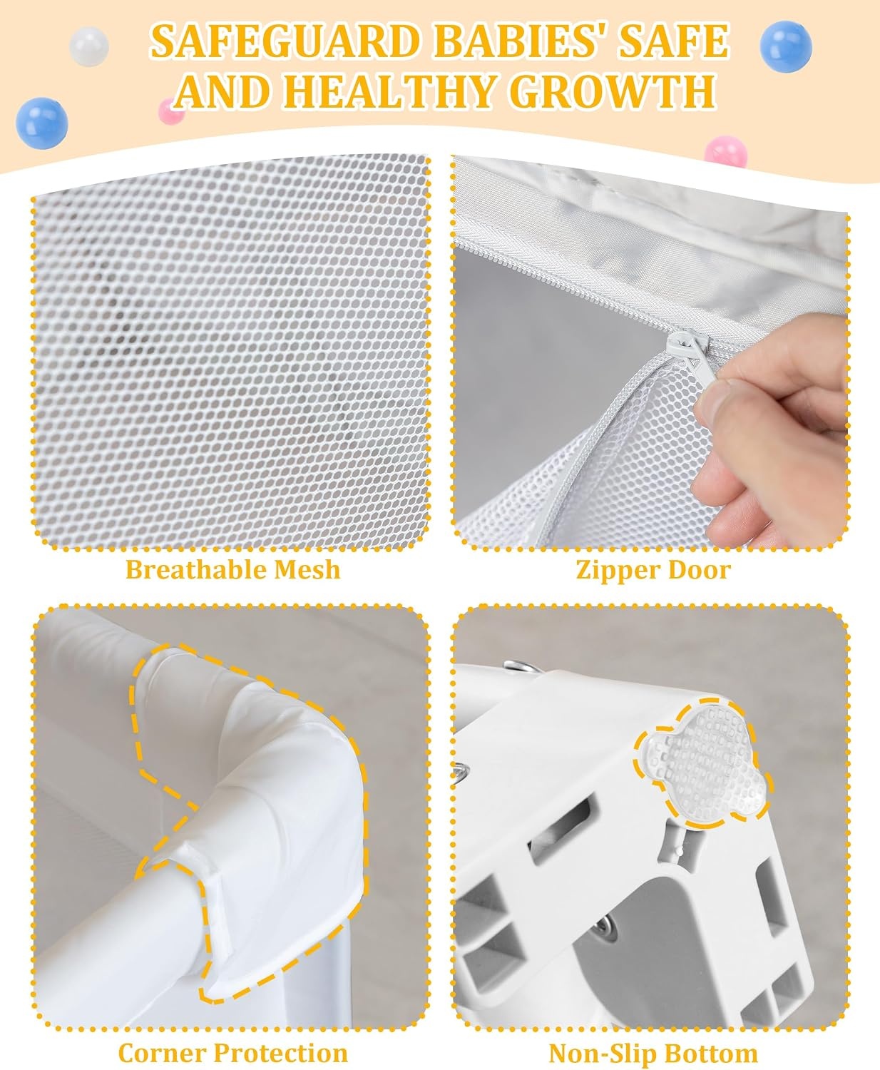 Grote en Opvouwbare Babybox voor Peuters: 127 x 127 x 75 cm Babybox voor Binnen en Buiten met 20 Oceaanballen, 1 Basketbalring, 4 Handgrepen en 1 Reistas - Ideale Speelruimte voor Kinderen