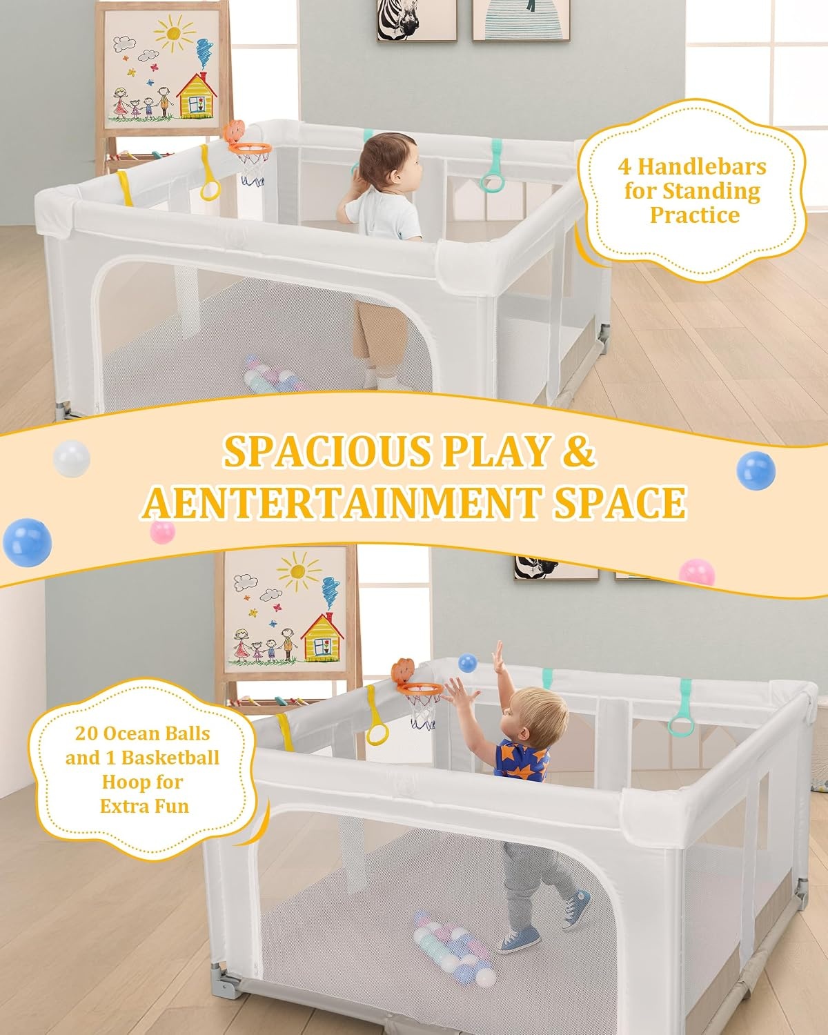 Grote en Opvouwbare Babybox voor Peuters: 127 x 127 x 75 cm Babybox voor Binnen en Buiten met 20 Oceaanballen, 1 Basketbalring, 4 Handgrepen en 1 Reistas - Ideale Speelruimte voor Kinderen