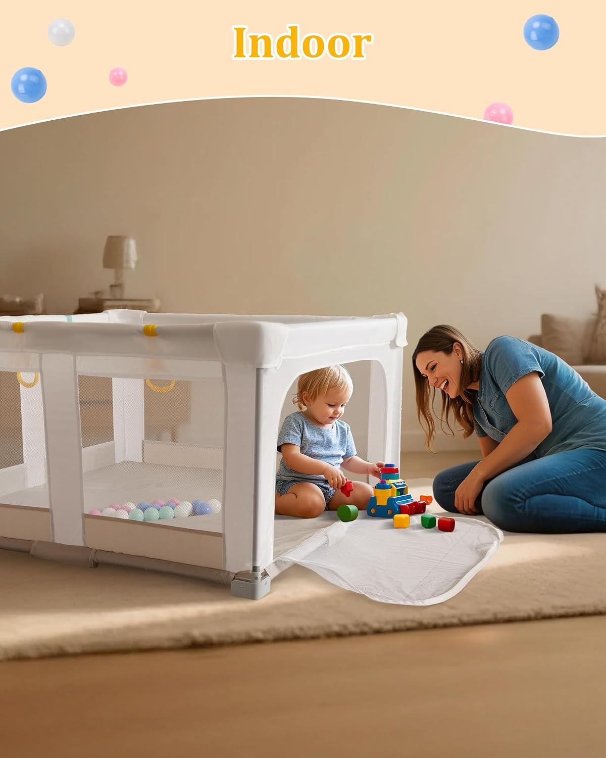 Grote en Opvouwbare Babybox voor Peuters: 127 x 127 x 75 cm Babybox voor Binnen en Buiten met 20 Oceaanballen, 1 Basketbalring, 4 Handgrepen en 1 Reistas - Ideale Speelruimte voor Kinderen