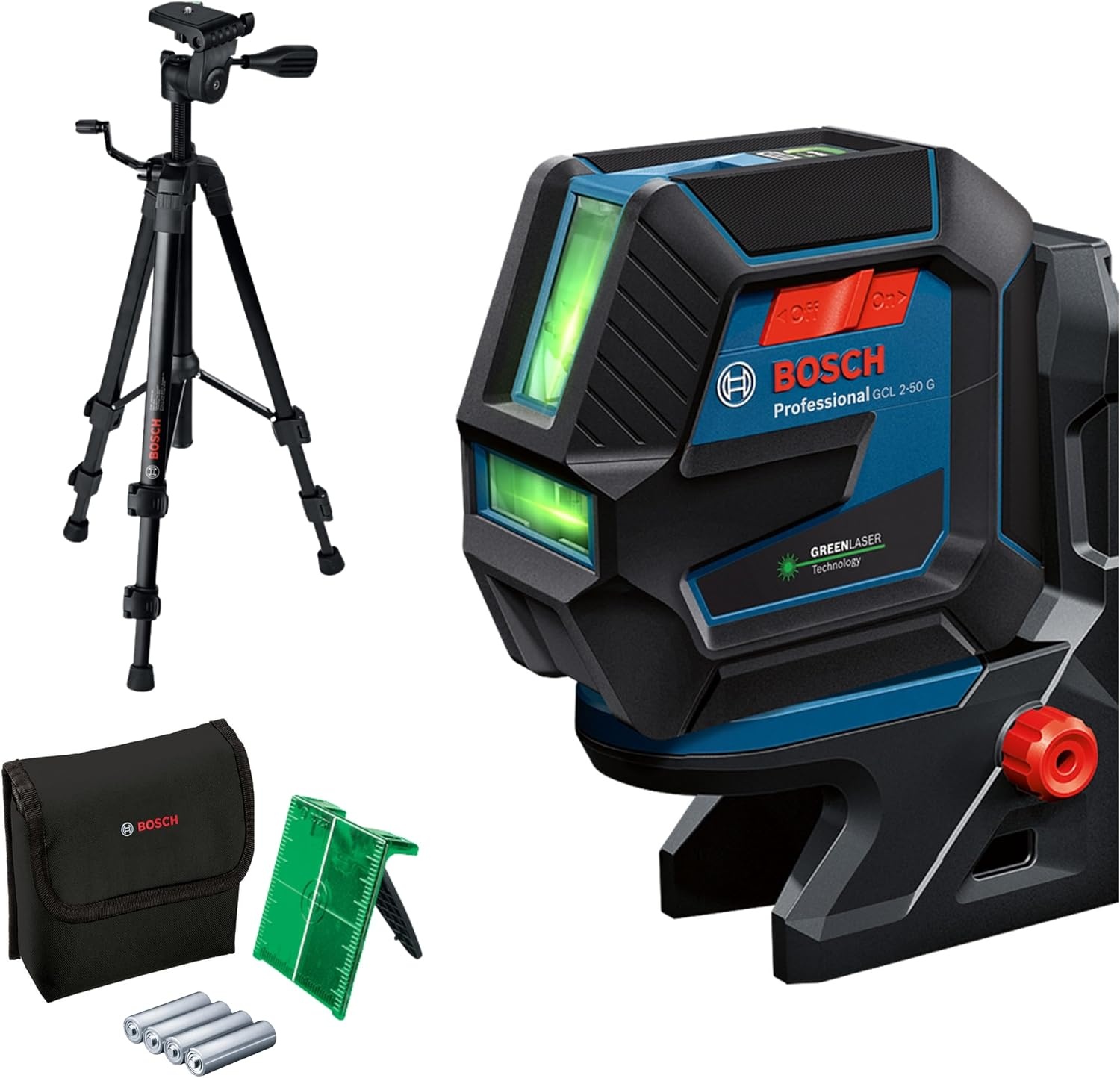 Bosch Professional Combilaser GCL 2-50 G (groene laser, houder RM 10, statief BT 150, zichtbaar werkbereik: max. 15 m, 4x AA-batterij, in kartonnen doos)