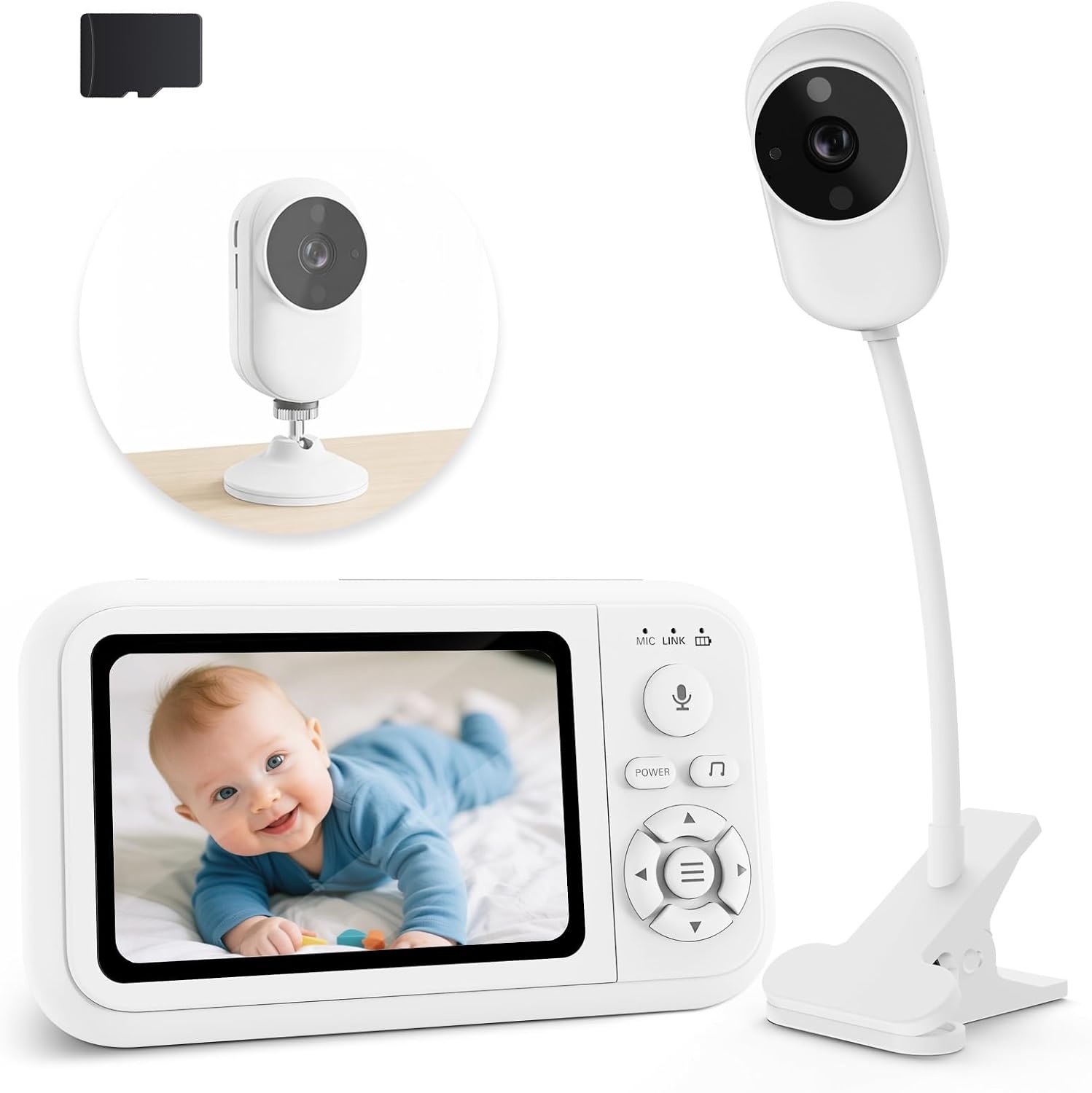 NUOTUN Babyfoon camera met clip en houder voor bed, 1080p babycamera zonder wifi, nachtzicht, bidirectionele audio, huildetectie, eenvoudig te installeren 63(EU)