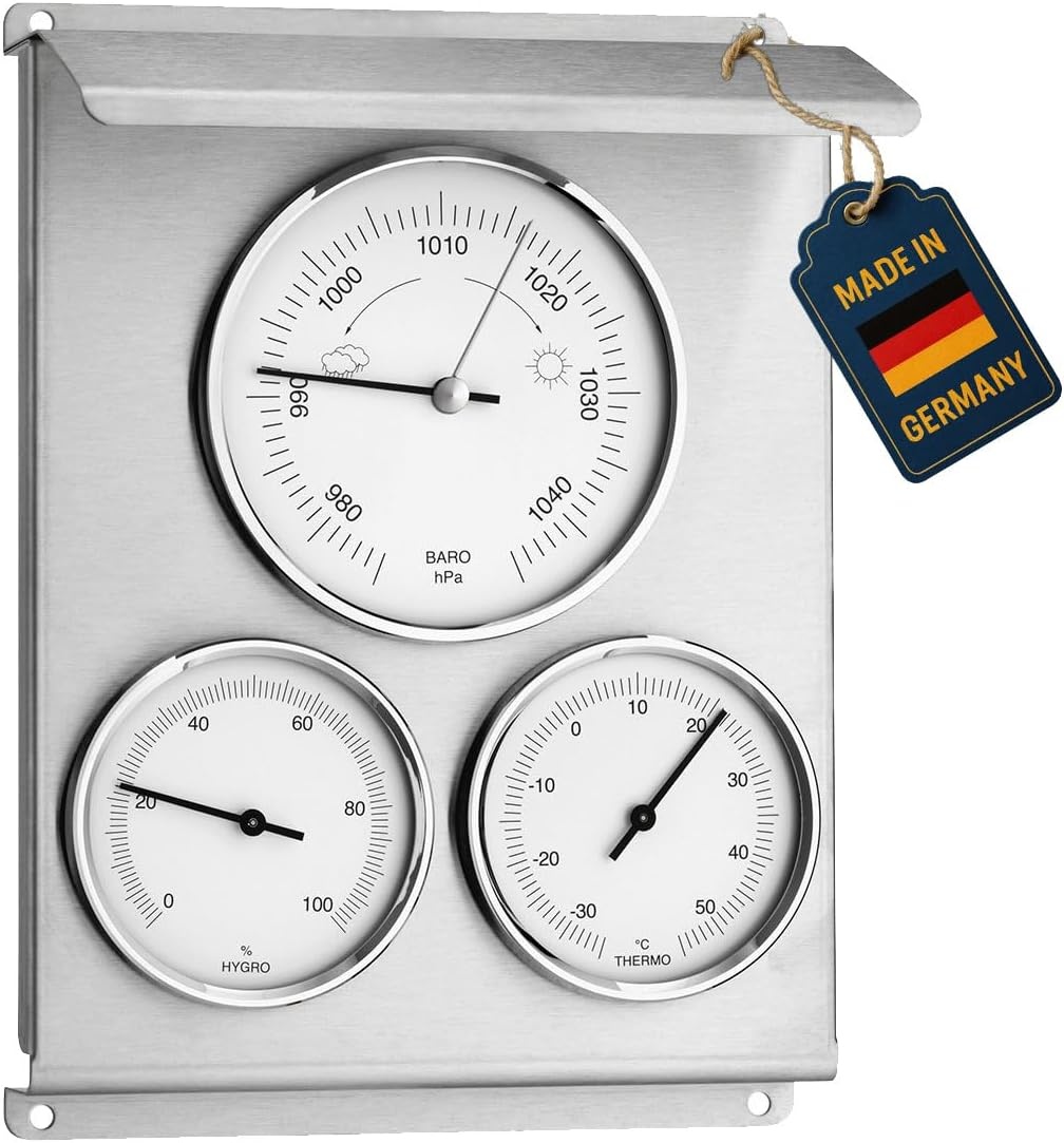 TFA Dostmann analoog weerstation voor buiten, 20.2010.60, met barometer voor weersvoorspelling, met thermometer en hygrometer, zilver, van roestvrij staal, (L) 160 x (B) 68 x (H) 221 mm