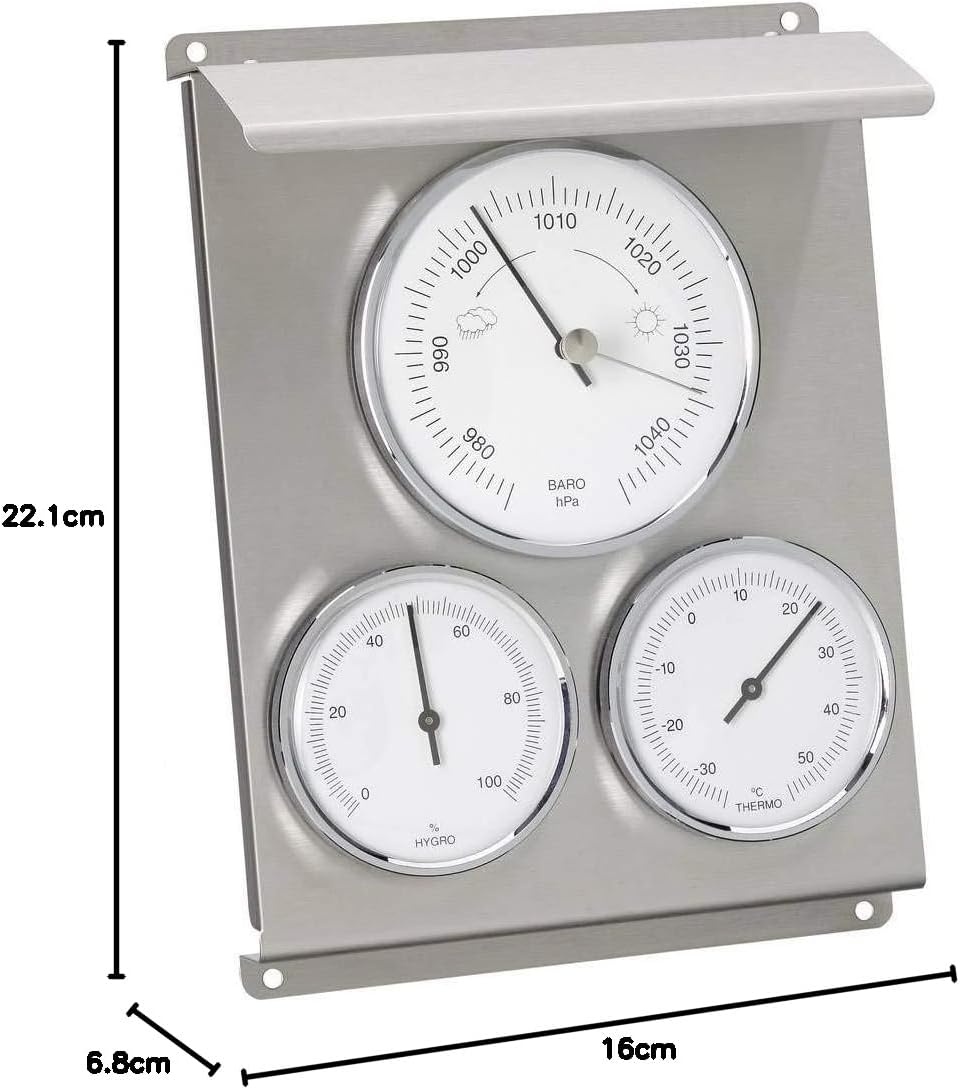 TFA Dostmann analoog weerstation voor buiten, 20.2010.60, met barometer voor weersvoorspelling, met thermometer en hygrometer, zilver, van roestvrij staal, (L) 160 x (B) 68 x (H) 221 mm
