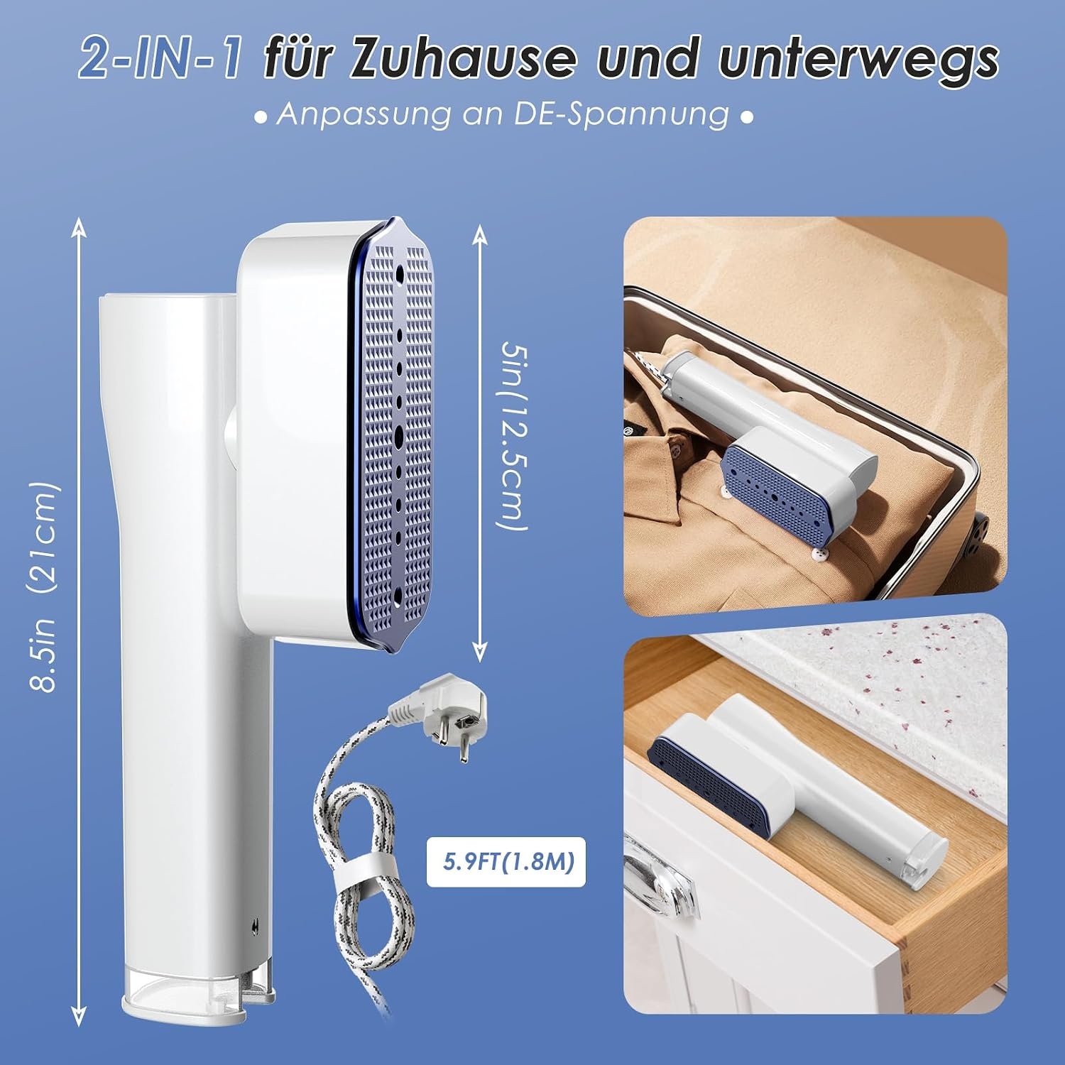 Stoomstrijkijzer, 2-in-1 handstomer voor kleding en strijkijzer voor kleding, 1200 W, 10 minuten continue stoom, 0,8 kg licht, reisstoomstrijkijzerstations, voor onderweg en thuis