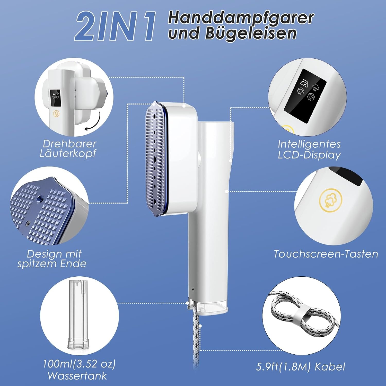 Stoomstrijkijzer, 2-in-1 handstomer voor kleding en strijkijzer voor kleding, 1200 W, 10 minuten continue stoom, 0,8 kg licht, reisstoomstrijkijzerstations, voor onderweg en thuis