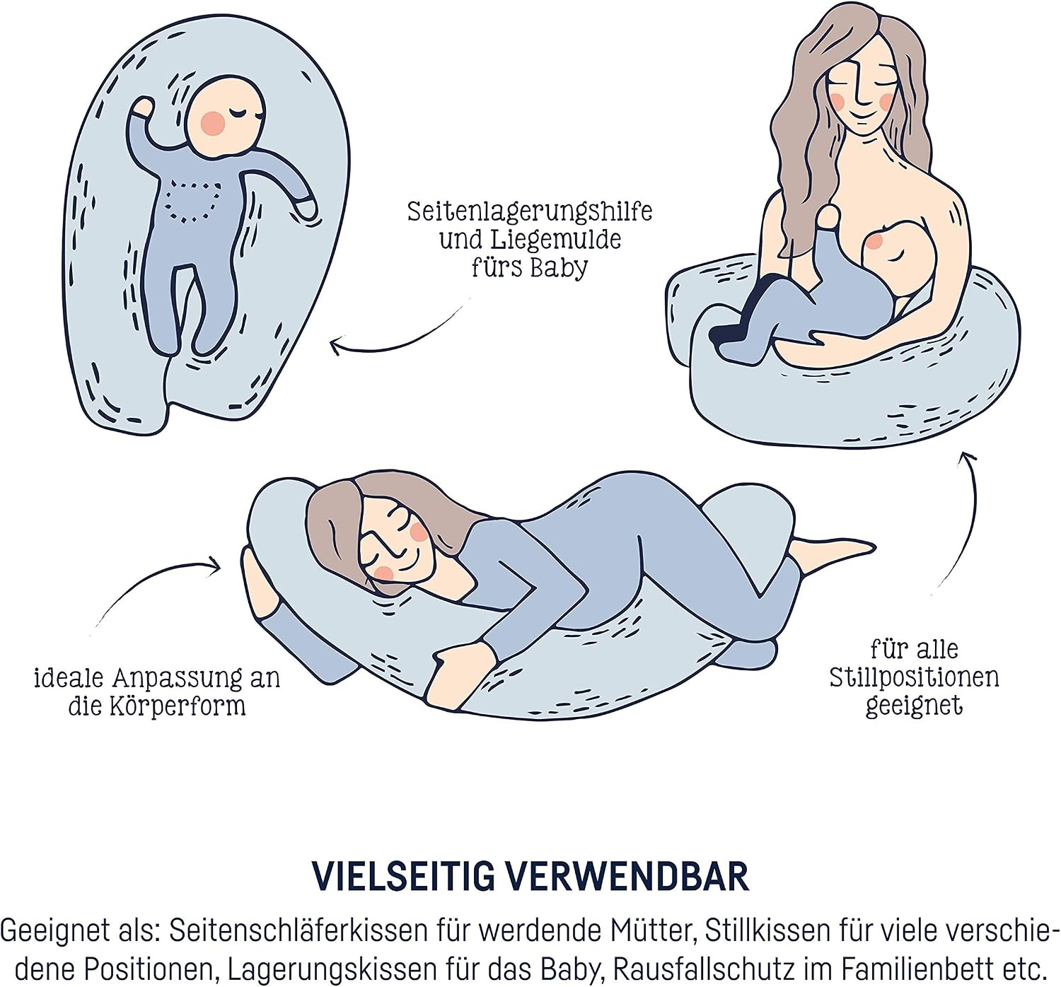 Julius Zöllner Voedingskussen, zwangerschapskussen, steunkussen, bijzonder aangename en soepele vlokkenvulling, katoen, ca. 180 cm, effen taupe