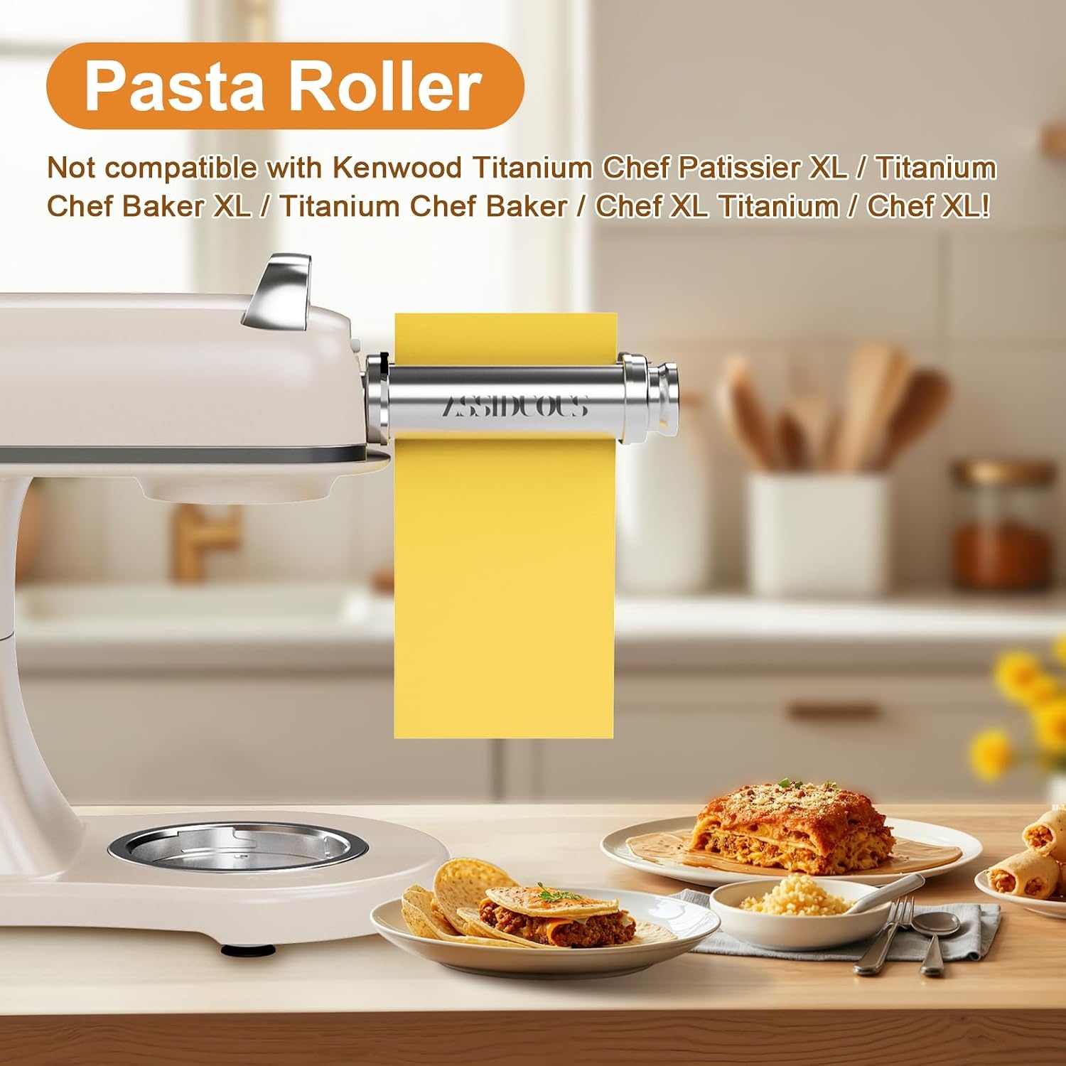 Kenwood-pastamachine voor KVC/KVL keukenmachines, 3-in-1 pastamachine, roestvrij staal, pastamopzet voor Kenwood, spaghettisnijder en fettuccinesnijder