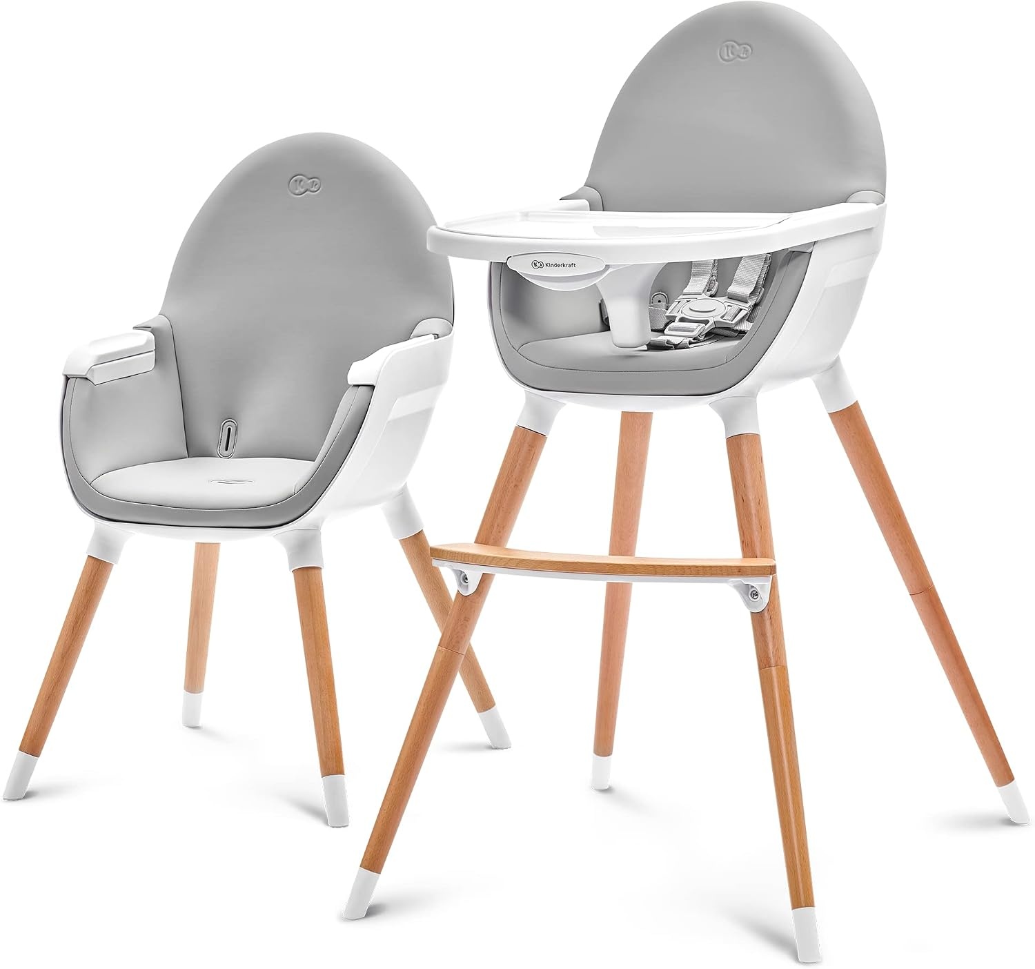Kinderkraft 2-in-1 hoge kinderstoel FINI, hoge babystoel, kinderstoeltje, combistoel, houten poten, veiligheidsgordel, voetensteun, dubbel eetblad, 5-puntsveiligheidsgordel, grijs