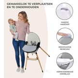 Kinderkraft 2-in-1 hoge kinderstoel FINI, hoge babystoel, kinderstoeltje, combistoel, houten poten, veiligheidsgordel, voetensteun, dubbel eetblad, 5-puntsveiligheidsgordel, grijs