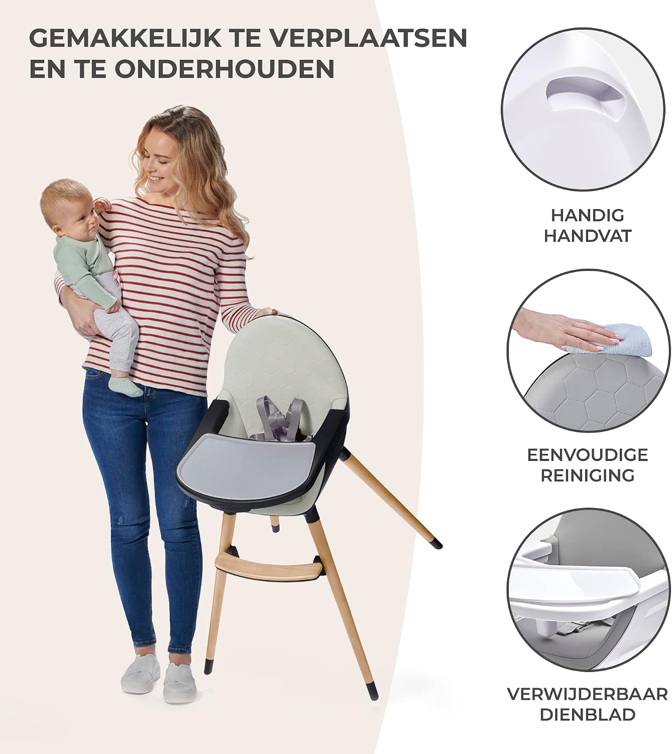 Kinderkraft 2-in-1 hoge kinderstoel FINI, hoge babystoel, kinderstoeltje, combistoel, houten poten, veiligheidsgordel, voetensteun, dubbel eetblad, 5-puntsveiligheidsgordel, grijs