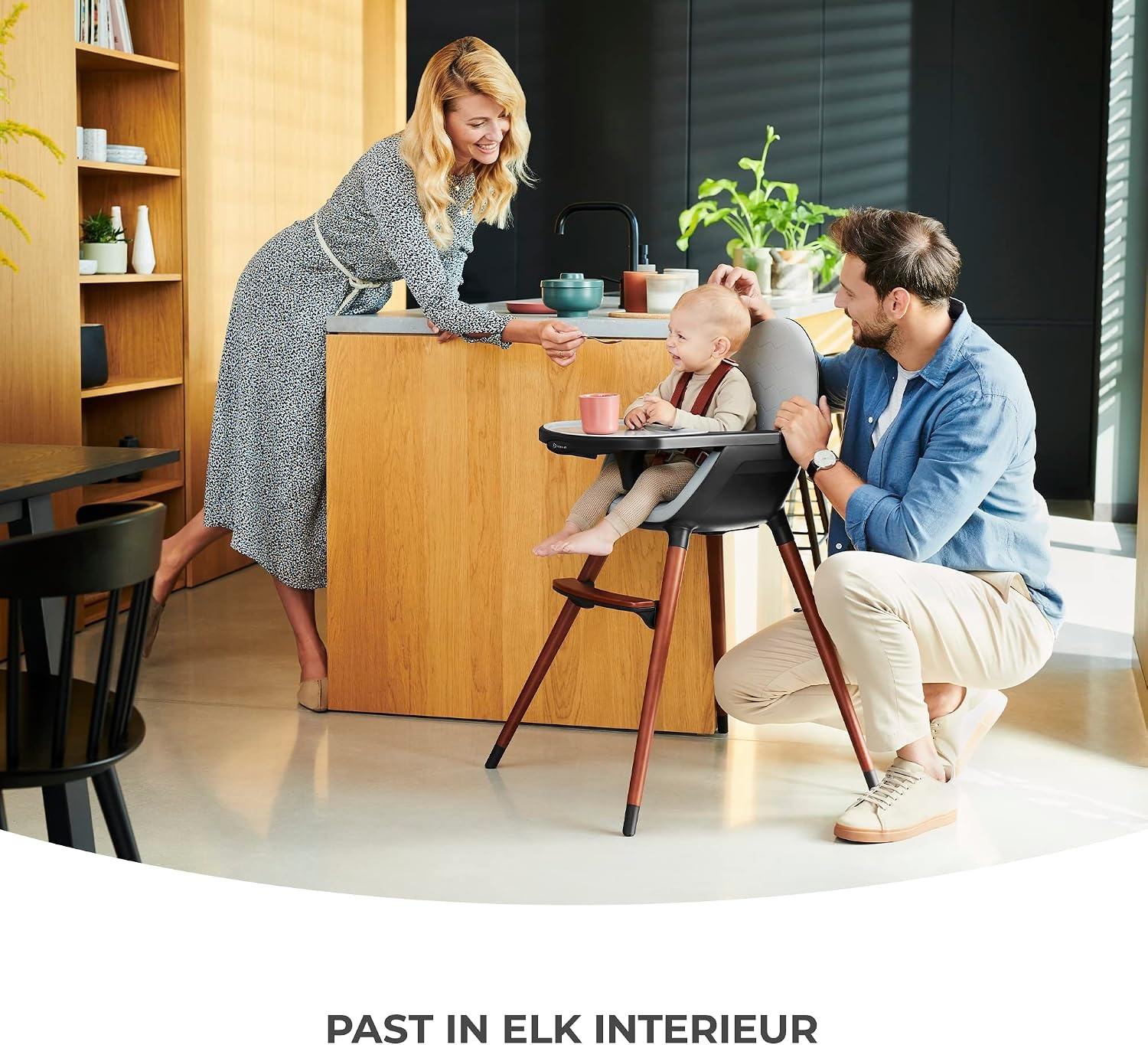 Kinderkraft 2-in-1 hoge kinderstoel FINI, hoge babystoel, kinderstoeltje, combistoel, houten poten, veiligheidsgordel, voetensteun, dubbel eetblad, 5-puntsveiligheidsgordel, grijs