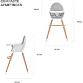 Kinderkraft 2-in-1 hoge kinderstoel FINI, hoge babystoel, kinderstoeltje, combistoel, houten poten, veiligheidsgordel, voetensteun, dubbel eetblad, 5-puntsveiligheidsgordel, grijs