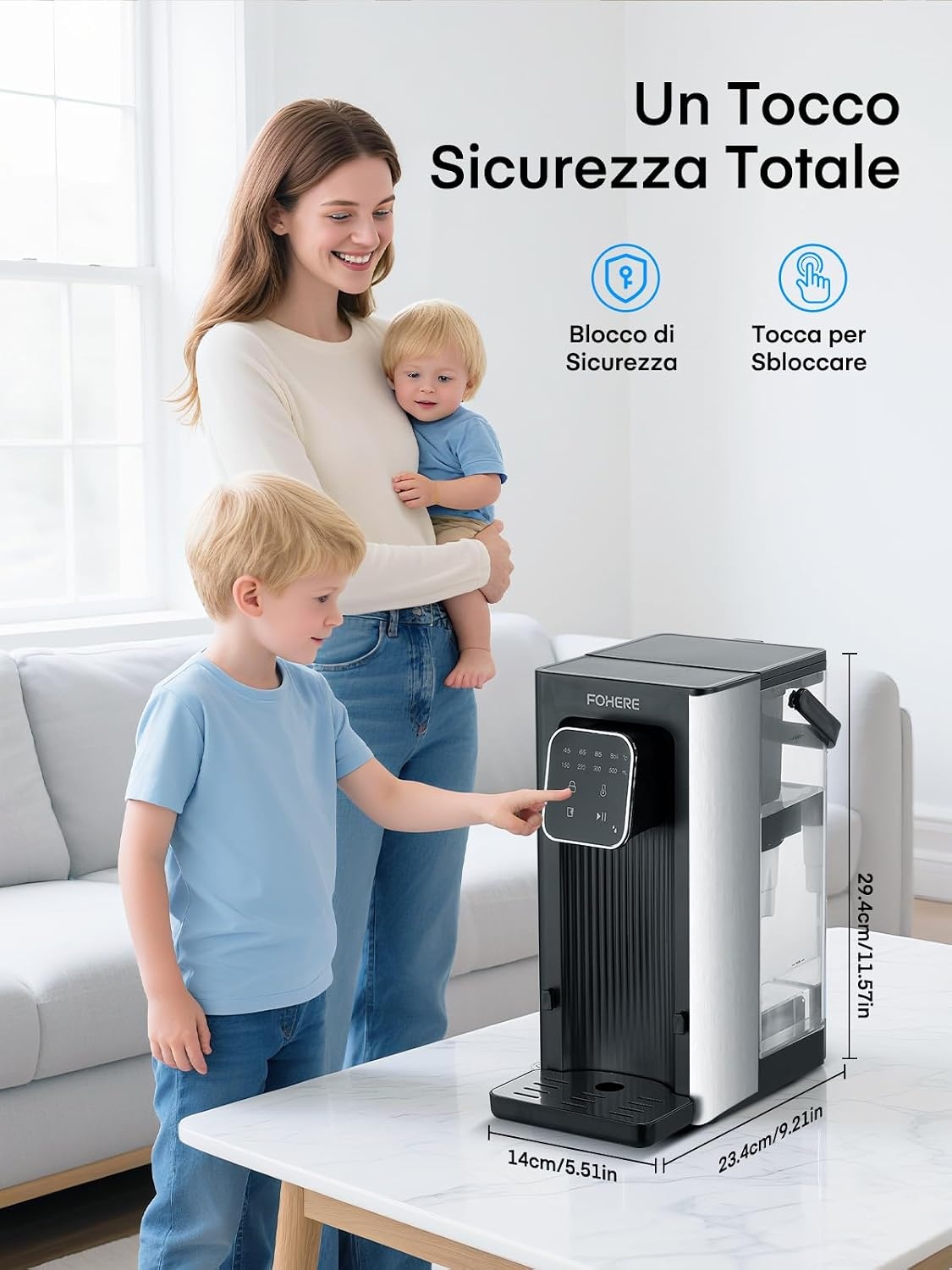 Warmwaterdispenser, 2600 W warm water in seconden, 4 temperatuurniveaus, 4 waterhoeveelheden, 2,5 l tank, compact en energiezuinig, digitaal touchscreen, hittebescherming, kinderbeveiliging, voor