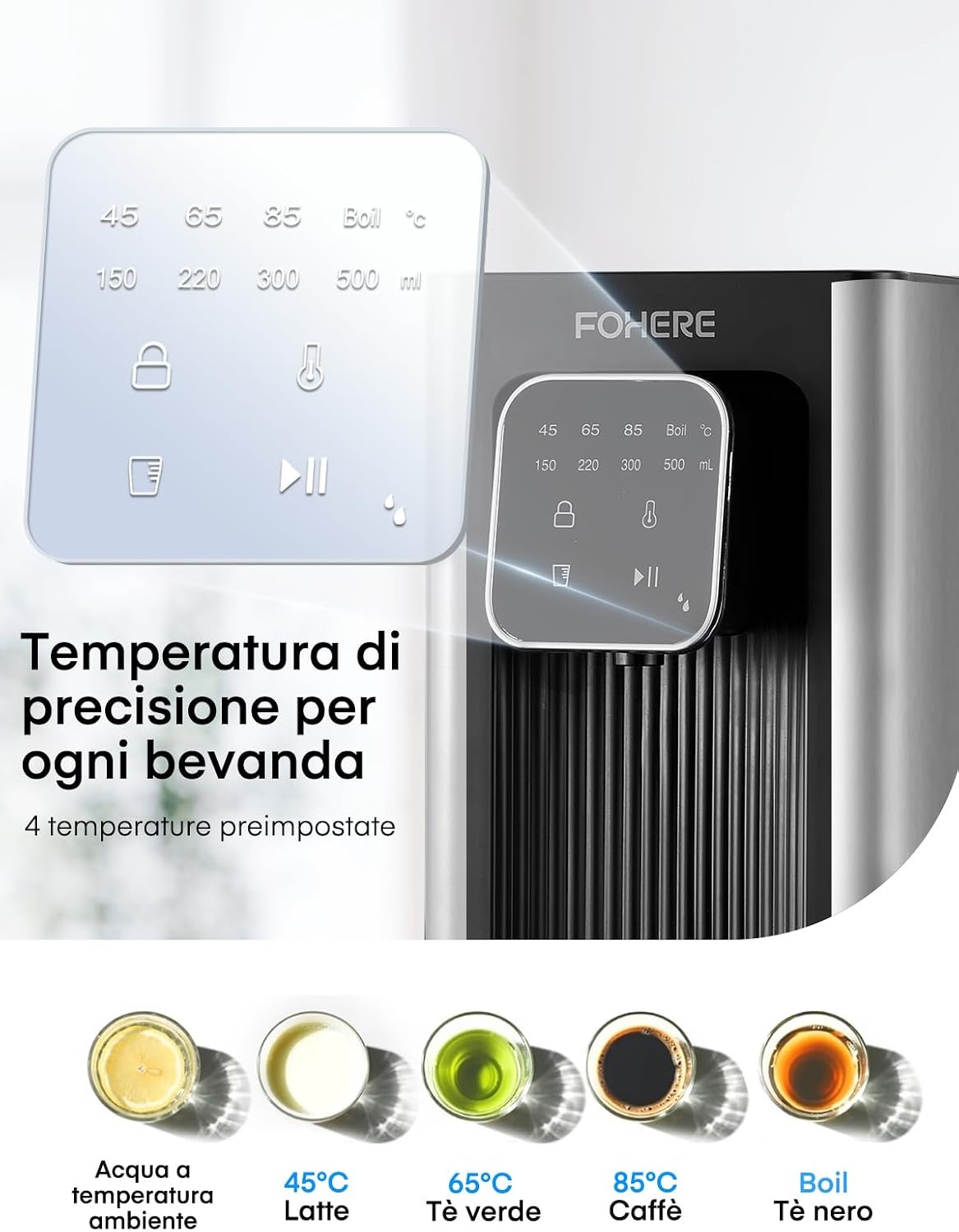 Warmwaterdispenser, 2600 W warm water in seconden, 4 temperatuurniveaus, 4 waterhoeveelheden, 2,5 l tank, compact en energiezuinig, digitaal touchscreen, hittebescherming, kinderbeveiliging, voor