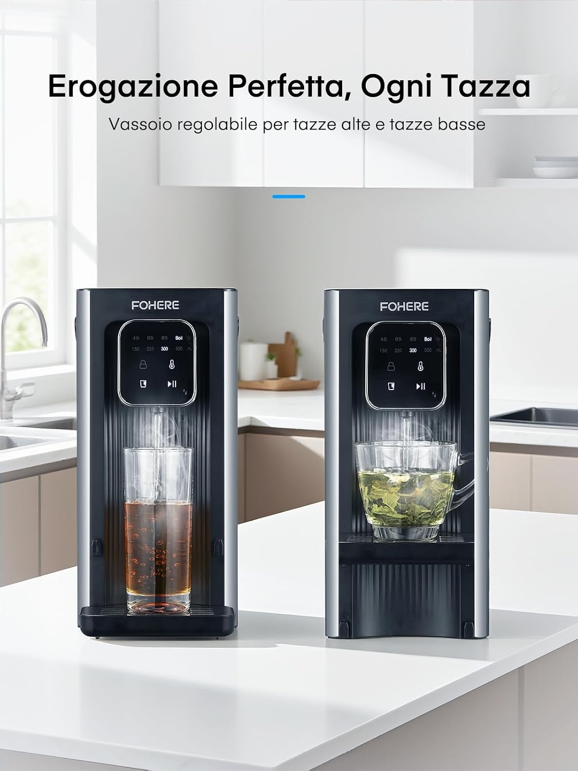 Warmwaterdispenser, 2600 W warm water in seconden, 4 temperatuurniveaus, 4 waterhoeveelheden, 2,5 l tank, compact en energiezuinig, digitaal touchscreen, hittebescherming, kinderbeveiliging, voor